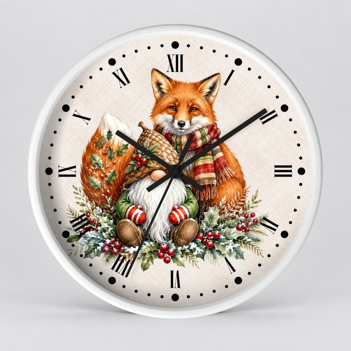 A round wall clock with a white frame and a festive illustration of a fox, a small gnome, pinecones, and holiday greenery on the face. The clock uses Roman numerals and black hands against a light gray background.