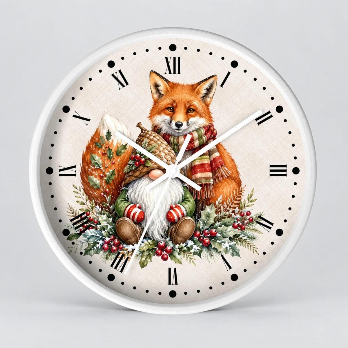 A round wall clock with a white frame and a whimsical illustration of a fox dressed as a Santa Claus, surrounded by a gnome, evergreen branches, red berries, and acorns on a light beige textured background.