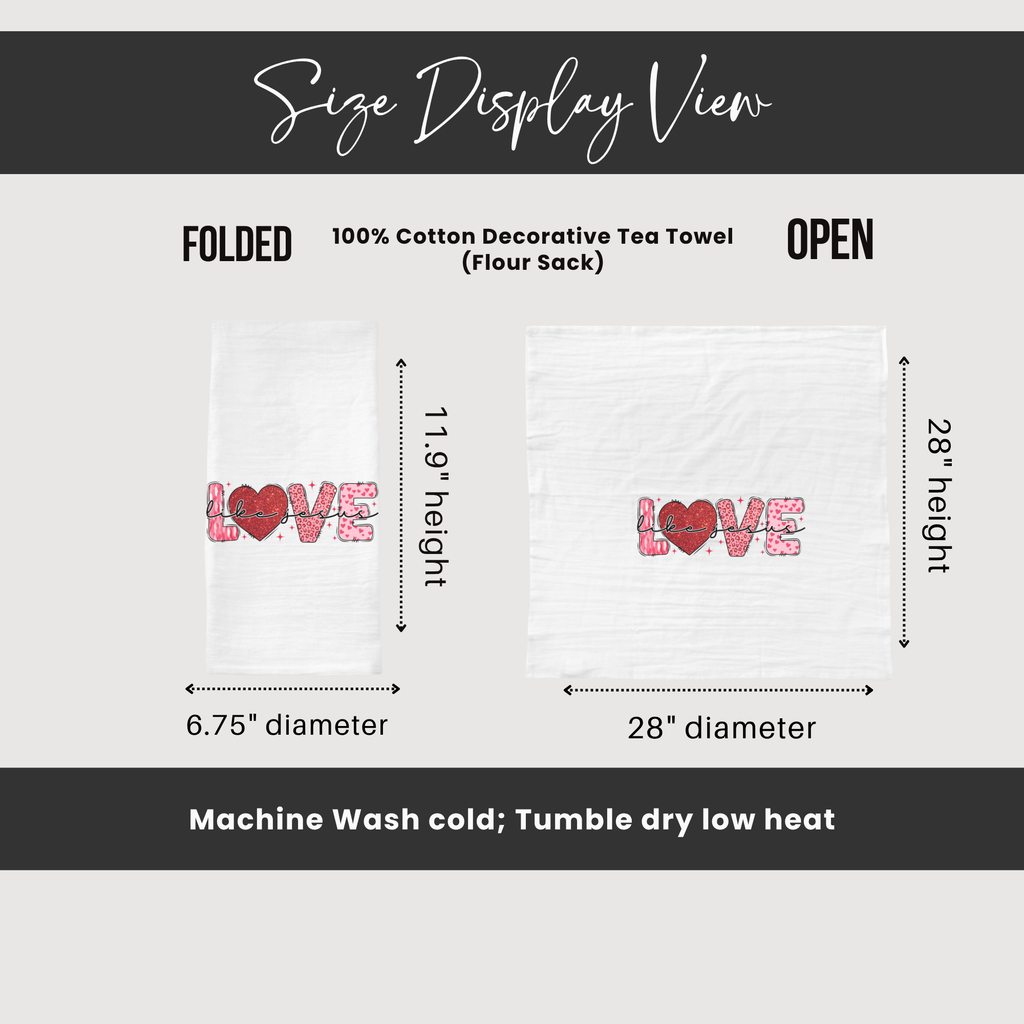 Measurement chart for a decorative tea towel with 'LOVE' design, showing folded and open dimensions.