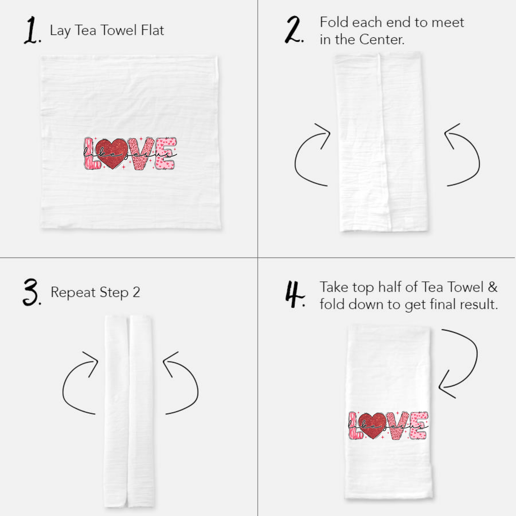 Step-by-step guide on folding a tea towel with arrows and text