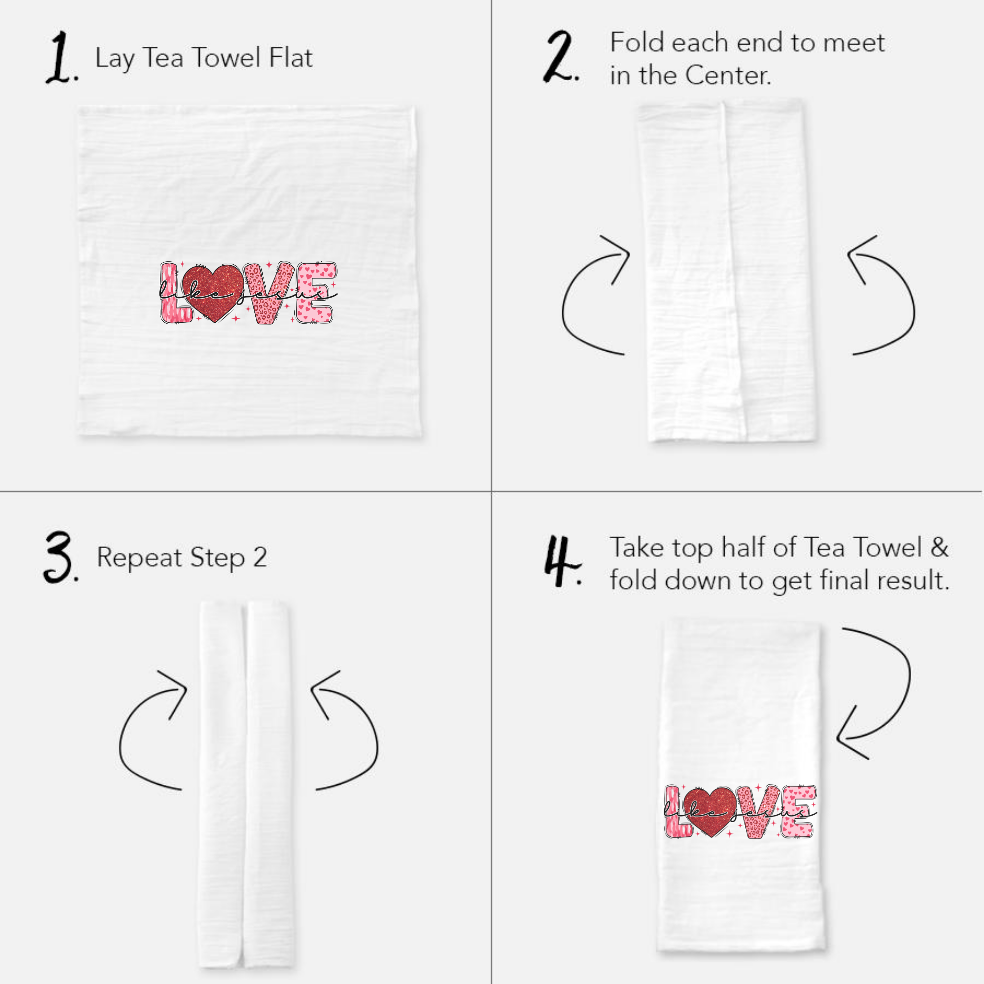 Step-by-step guide on folding a tea towel with arrows and text