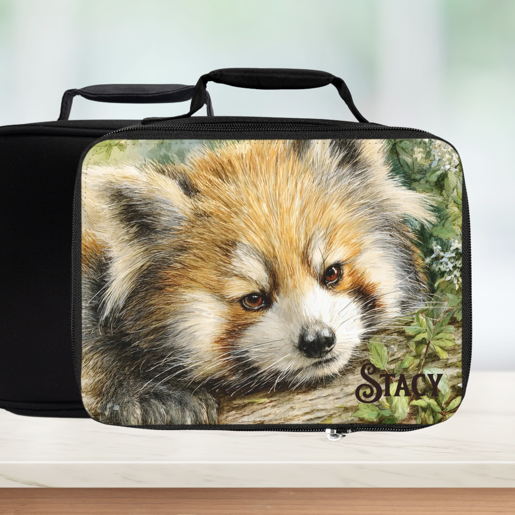 Black lunch bag with a red panda design and 'Stacy' text on a white surface.