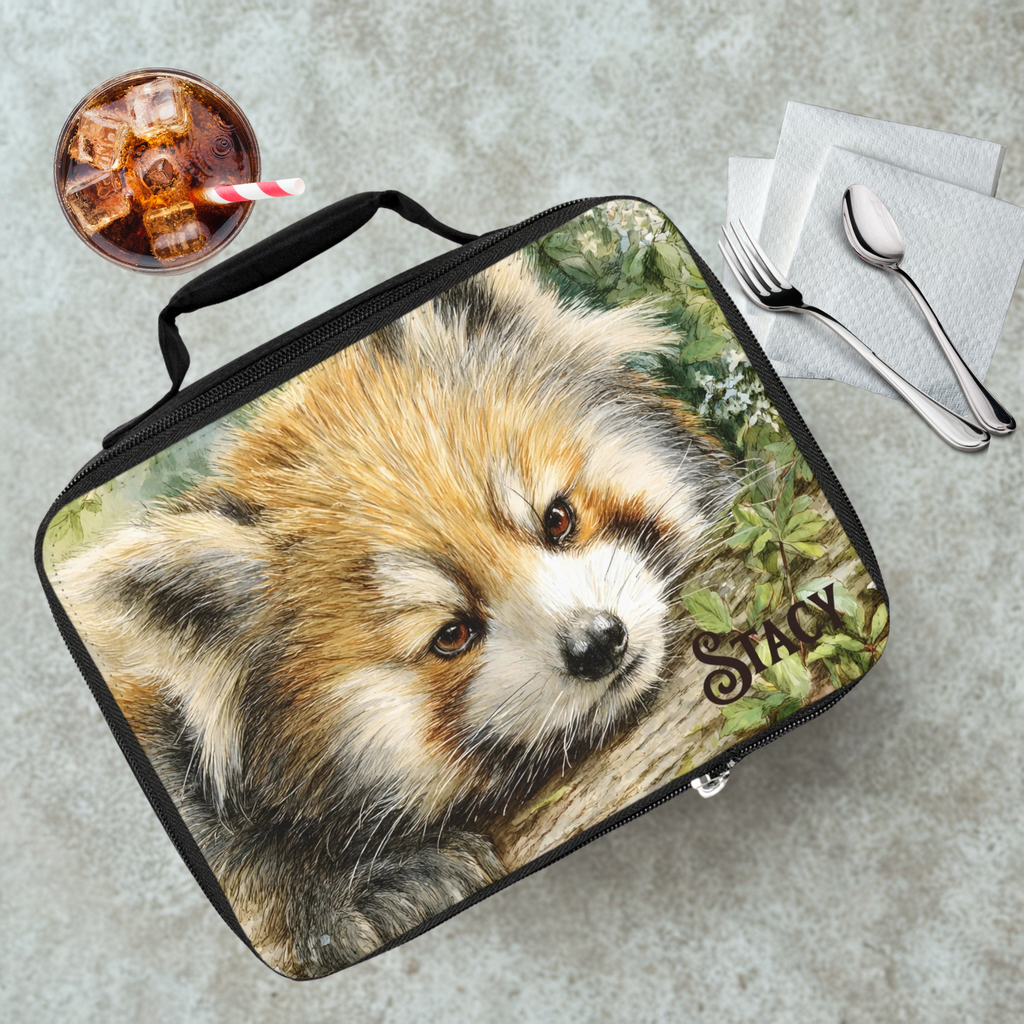 Lunch bag with a red panda design on a cafeteria table with a drink and utensils.