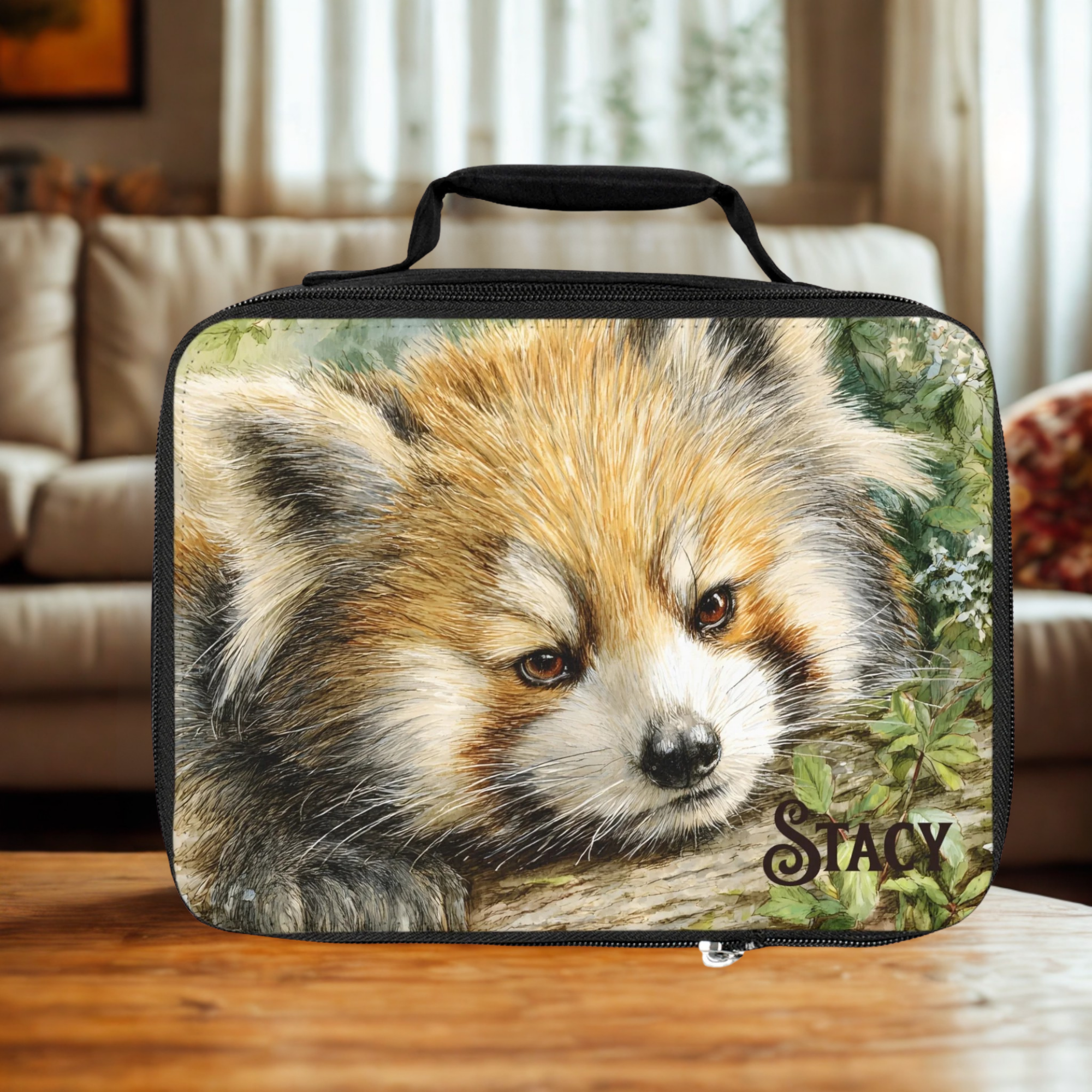  insulated lunch bag with a red panda design and 'Stacy' text on a wooden surface.