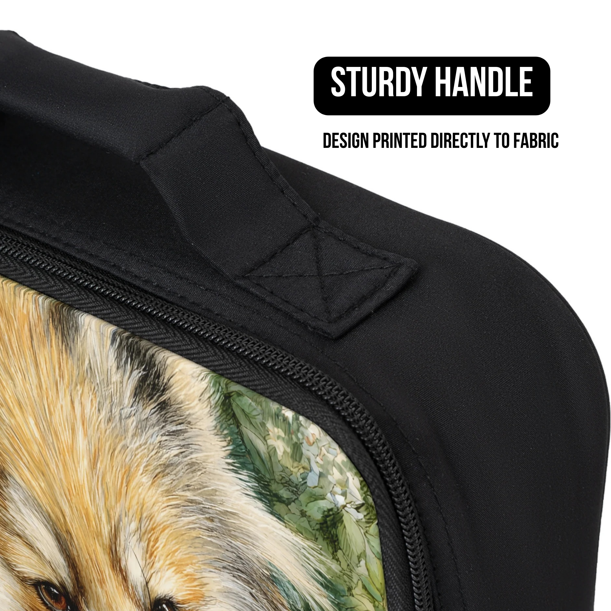 Black lunch bag with a design of a fox and text about a sturdy handle and printed fabric.