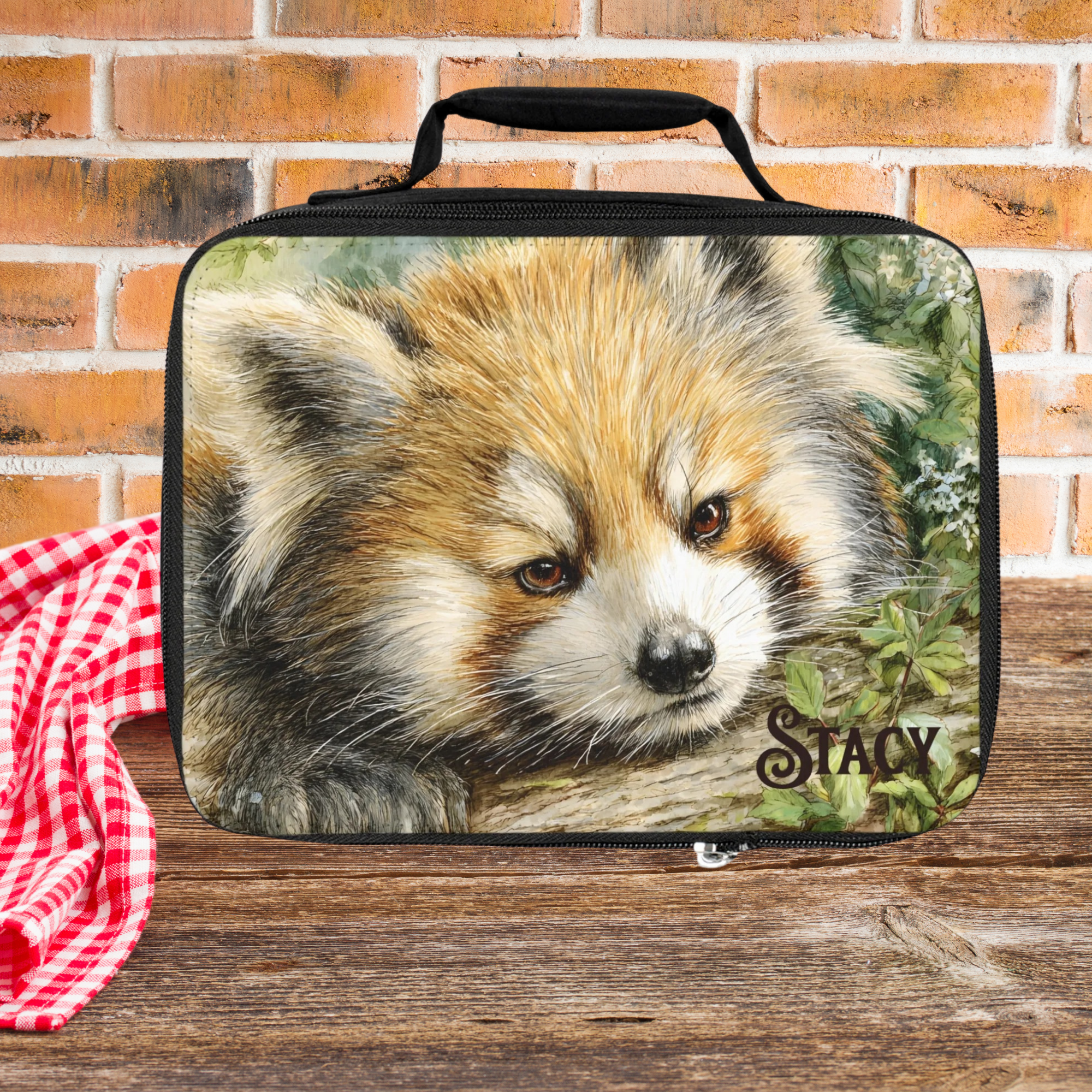 Lunch bag with a red panda design on a wooden surface and brick wall background