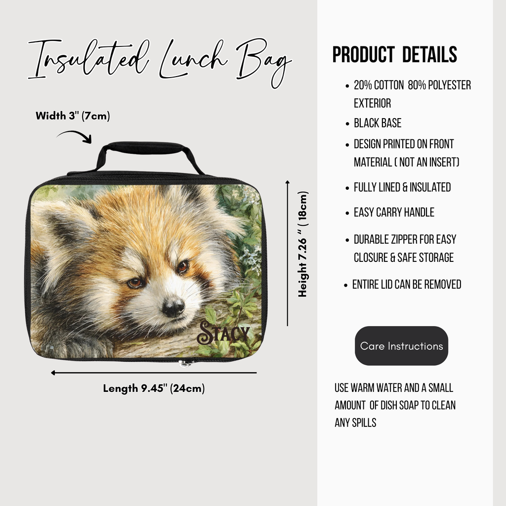 Insulated lunch bag with a red panda design, featuring product details on a white background.