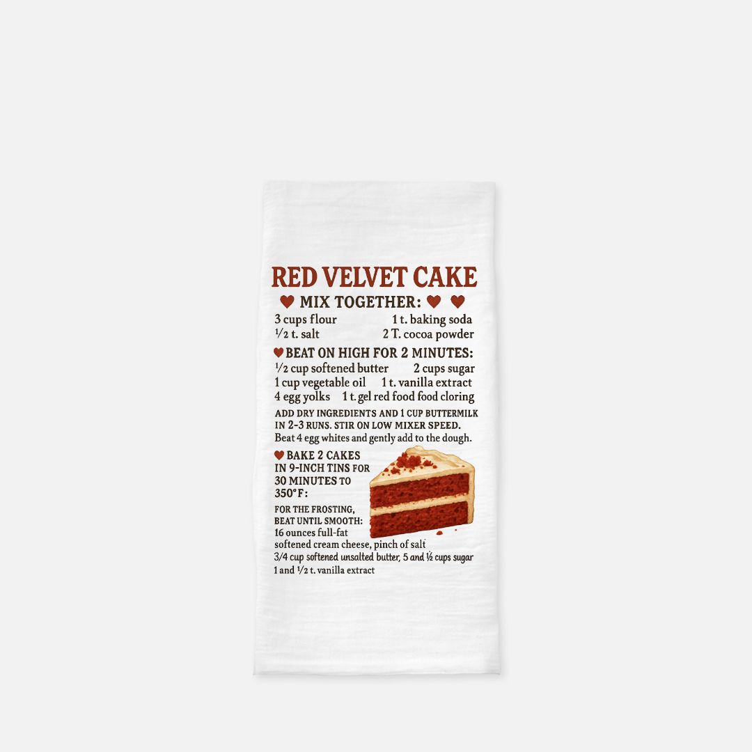 Red velvet cake recipe towel with a slice of cake graphic on a white background