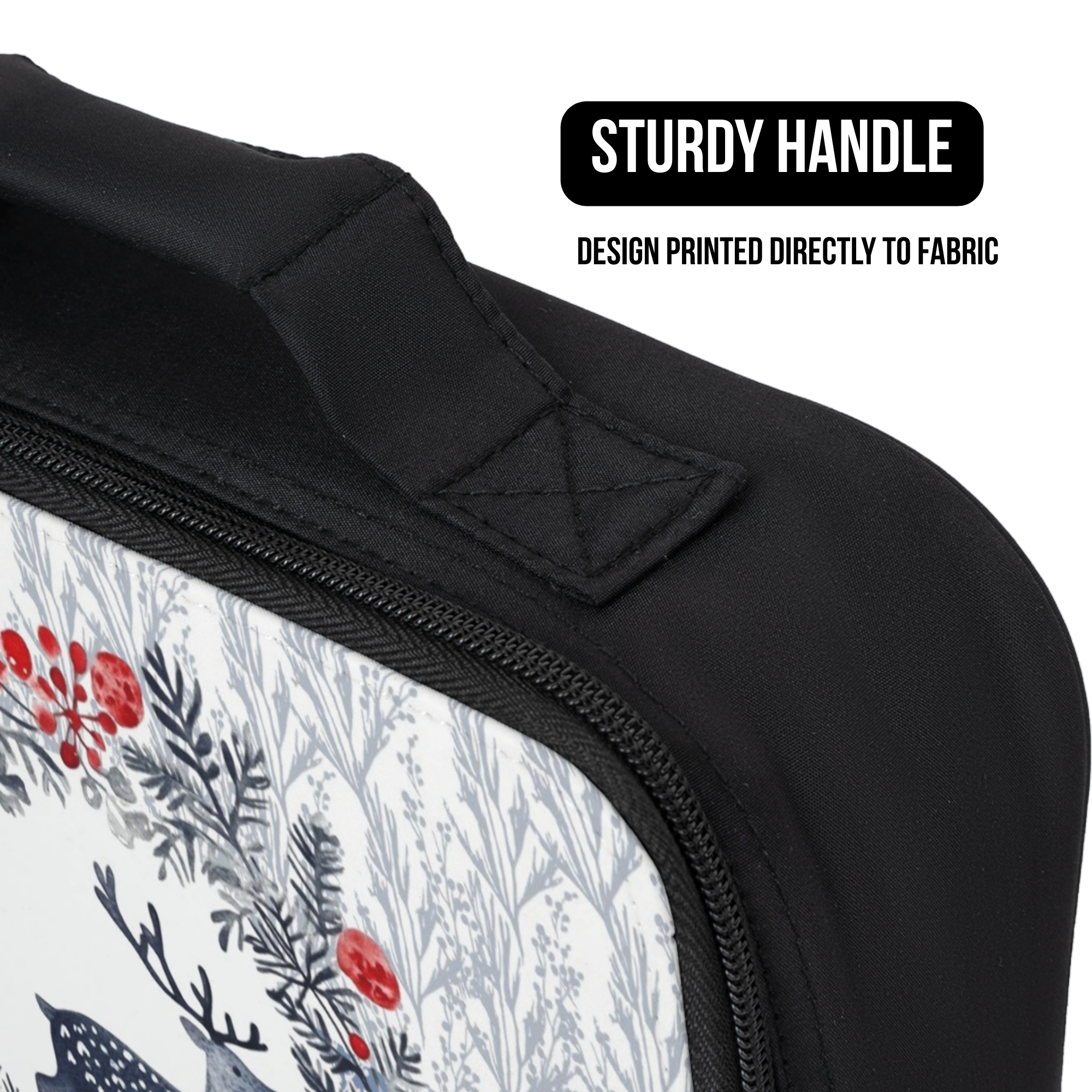 Close-up of a lunch bag with a floral design and text indicating a sturdy handle and printed fabric.