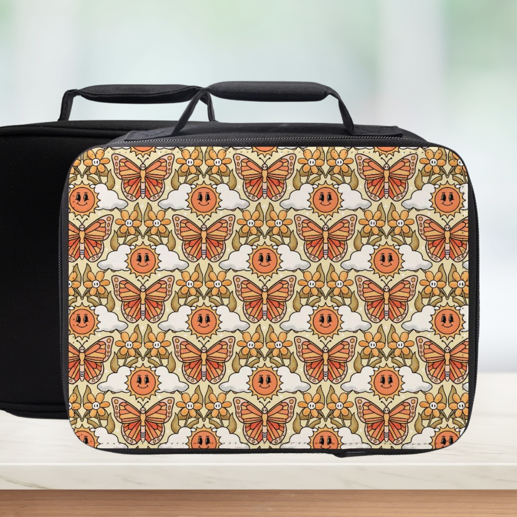 Black rectangular lunch bag with a butterfly and sun pattern on a white background