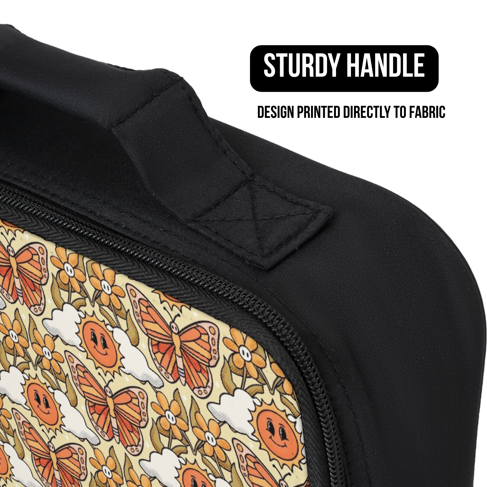 Black lunch bag with butterfly design and text about a sturdy handle and fabric printing.
