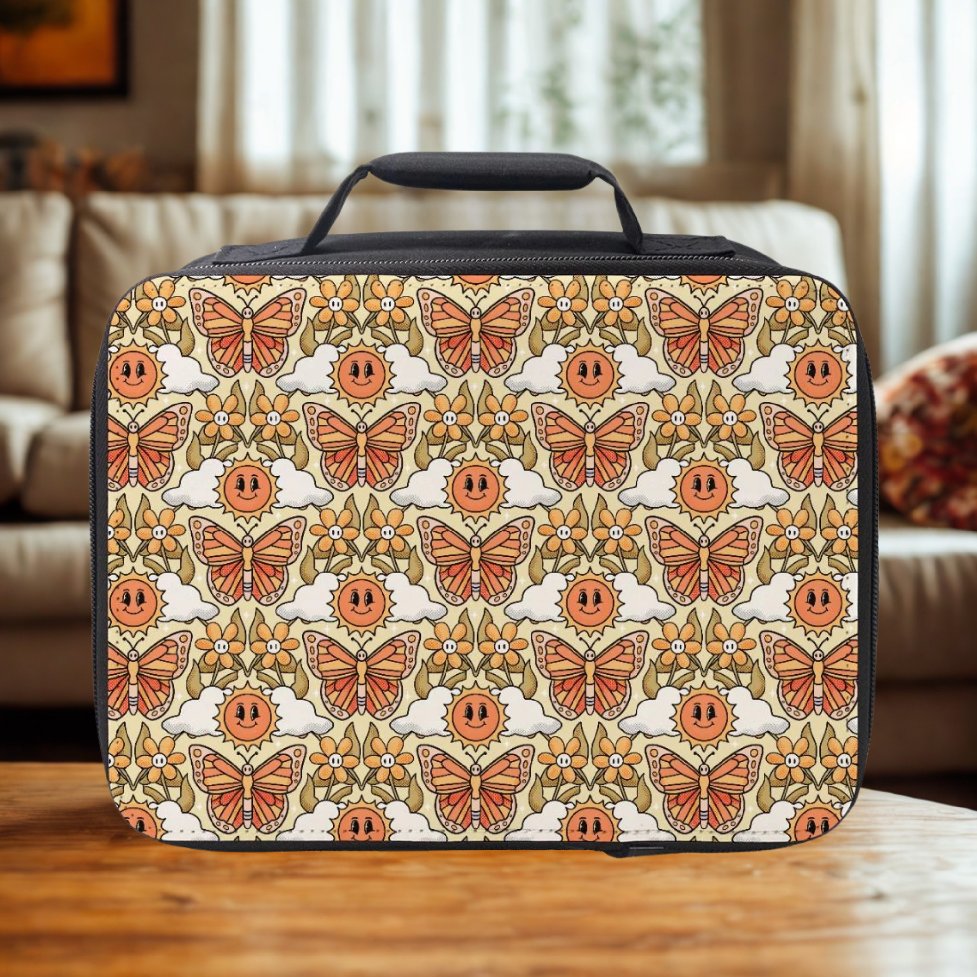 Patterned lunch bag with butterfly design on a wooden coffee table in a cozy living room.