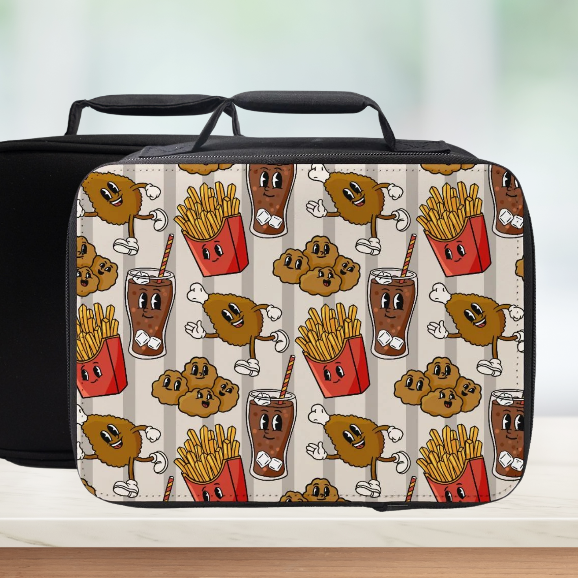  insulated lunch bag with cartoon food design on a white background