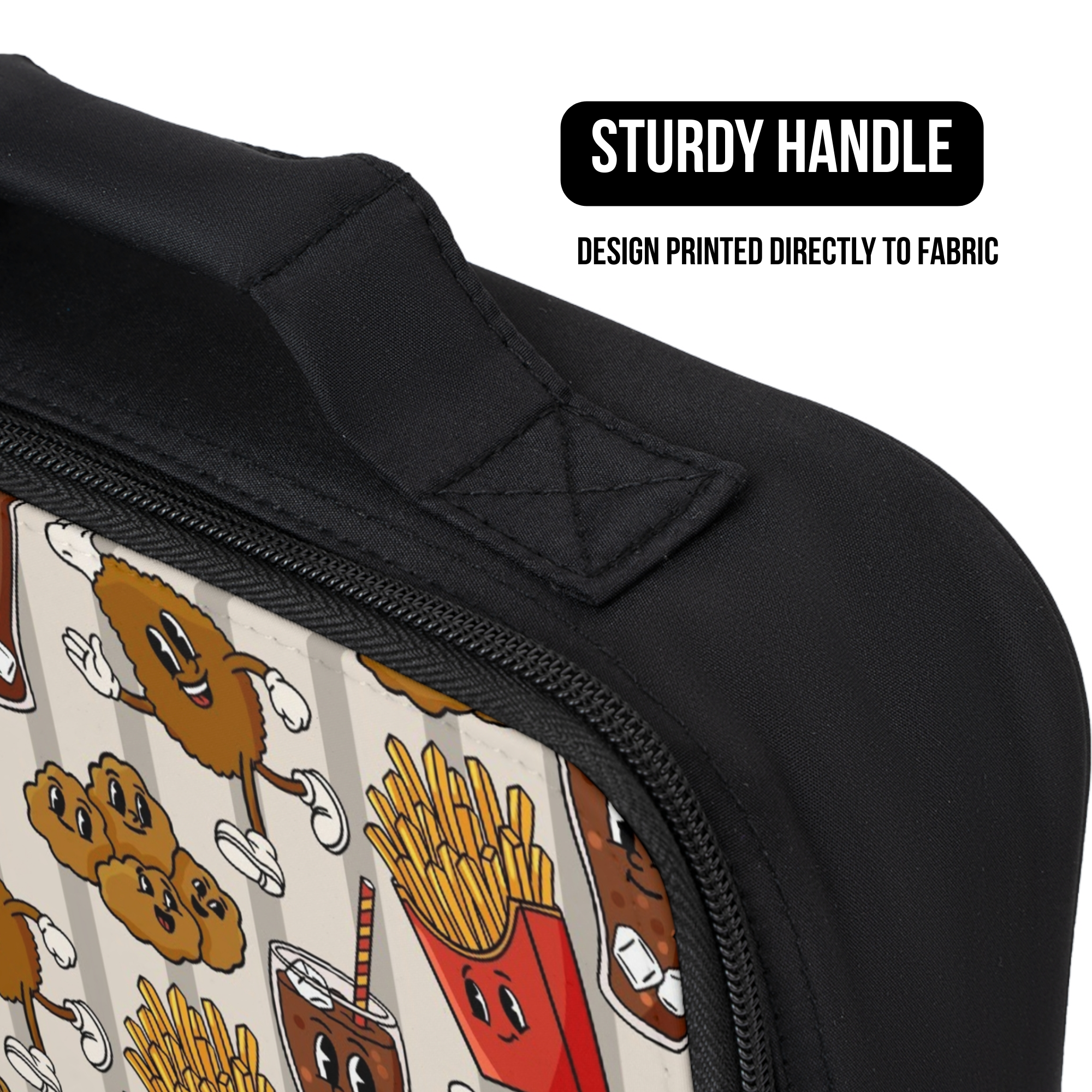 Black lunch bag with food-themed design and 'Sturdy Handle' text on a white background