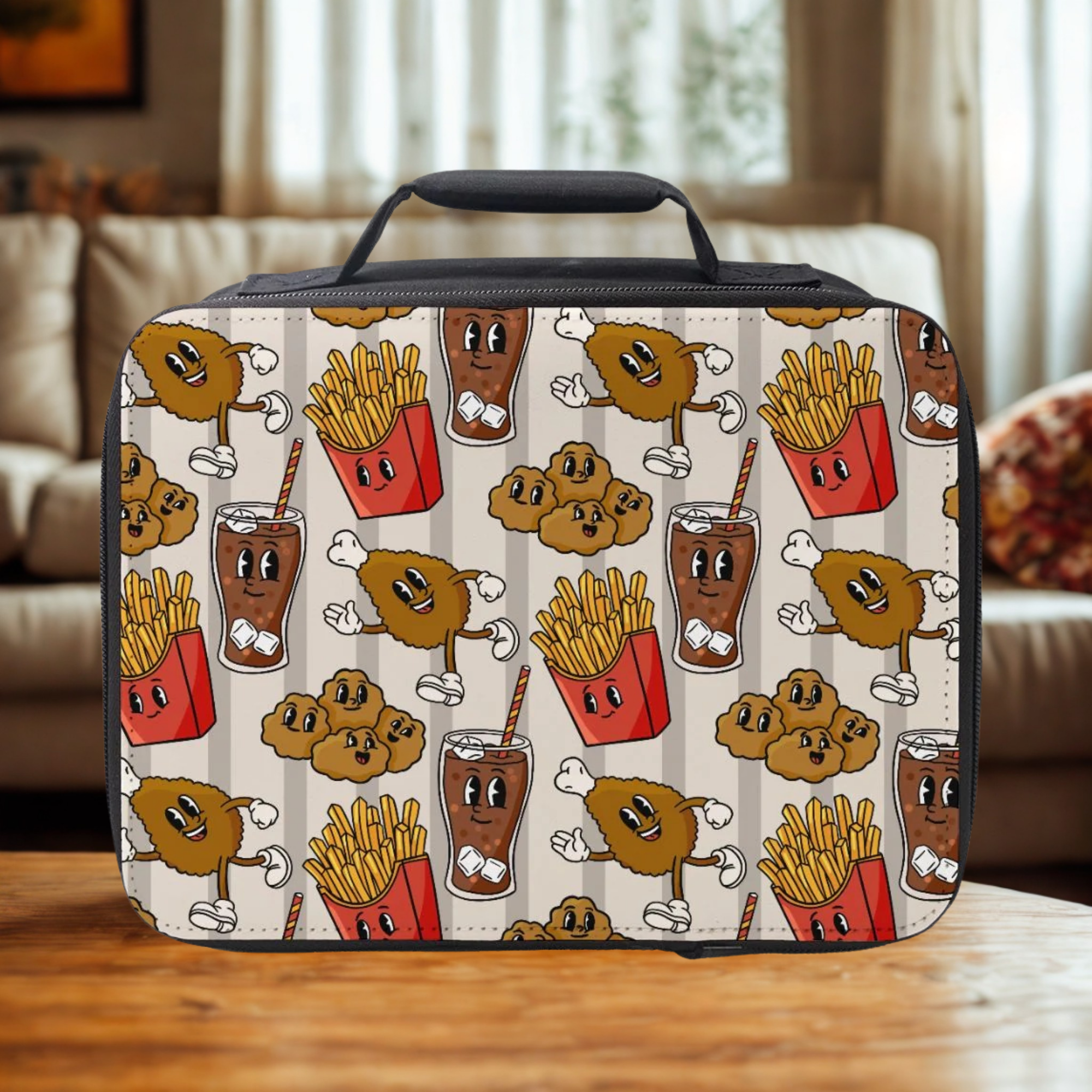  insulated lunch bag with cartoon food pattern on a wooden living room table