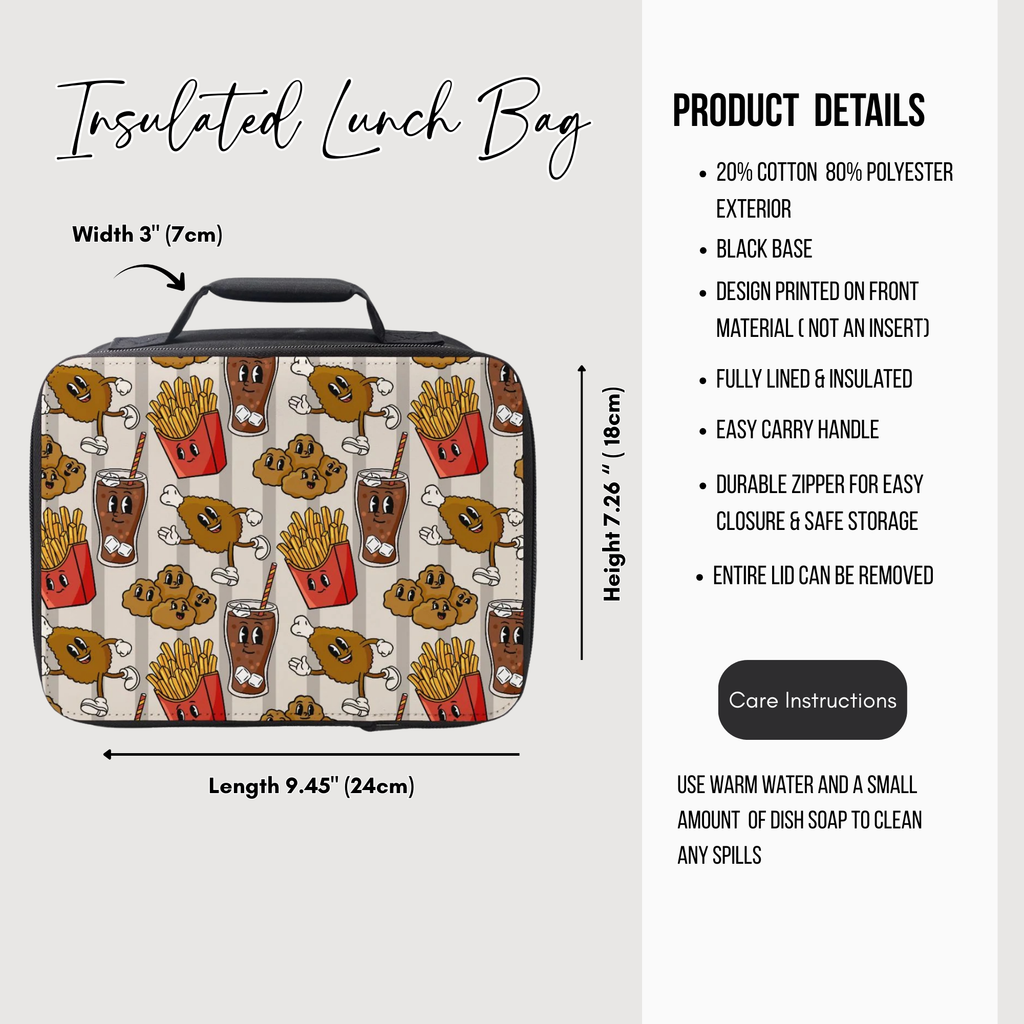 Insulated lunch bag with cartoon design on a white background