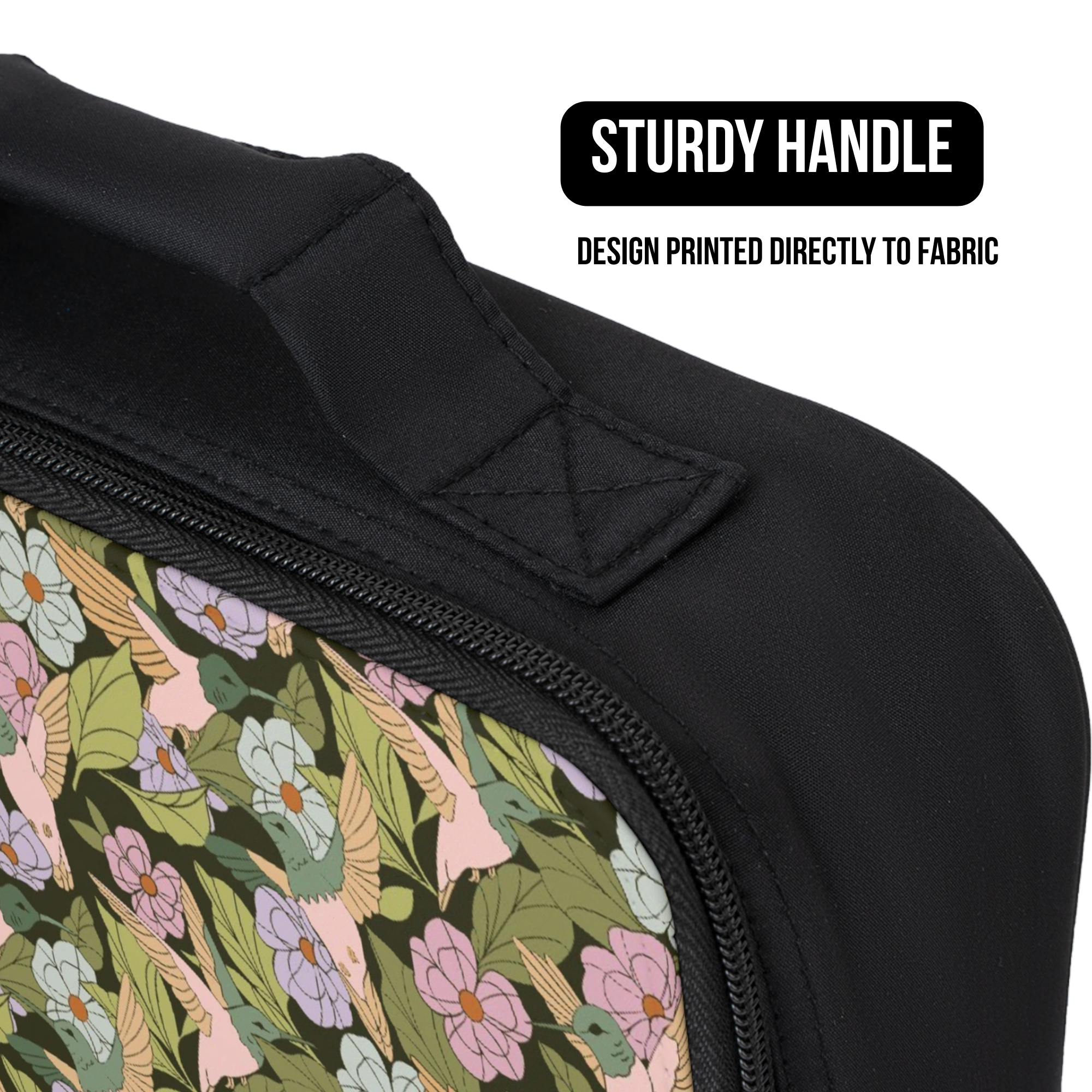 Black lunch bag with floral design and sturdy handle on a white background