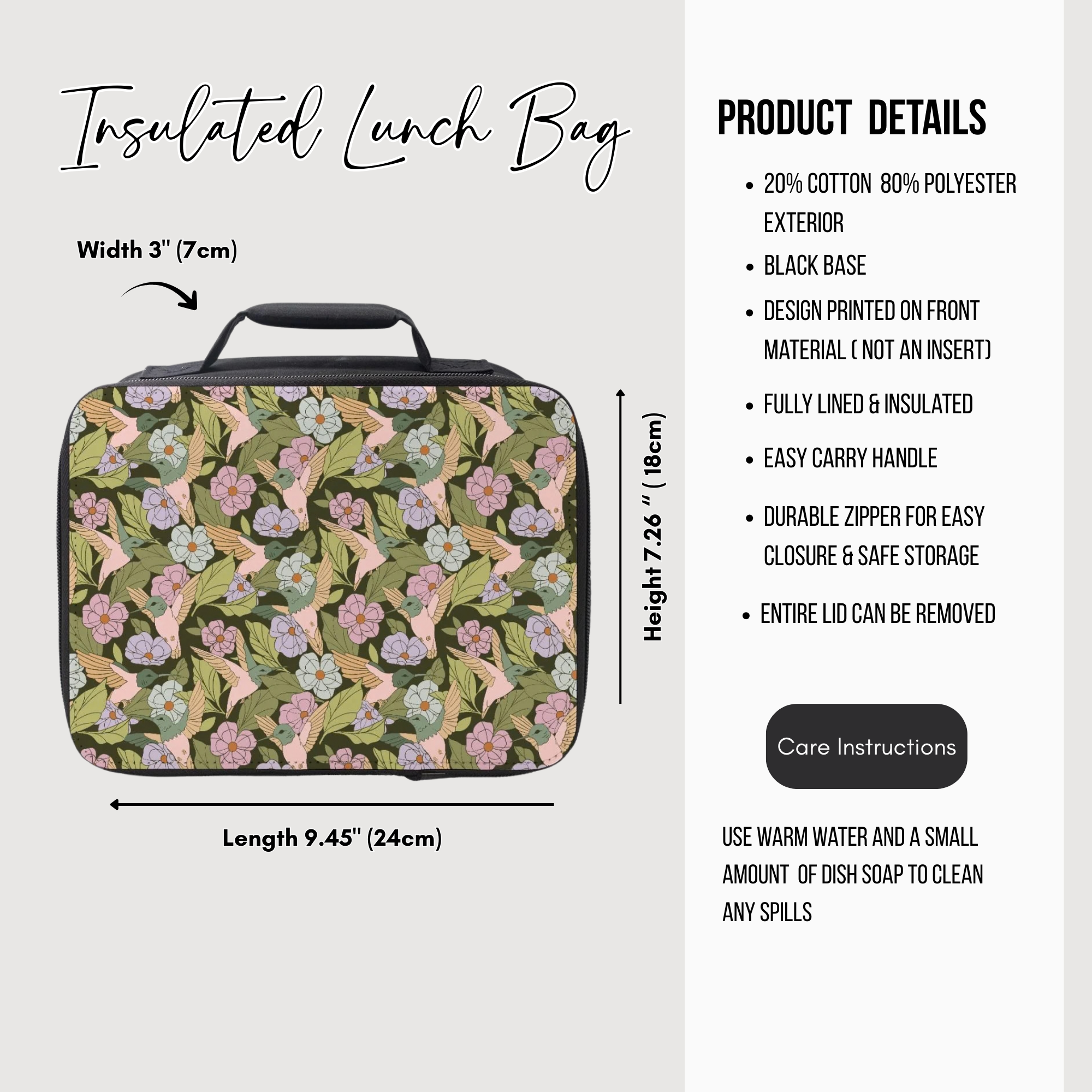 Insulated lunch bag with floral & bird design and product details on a white background