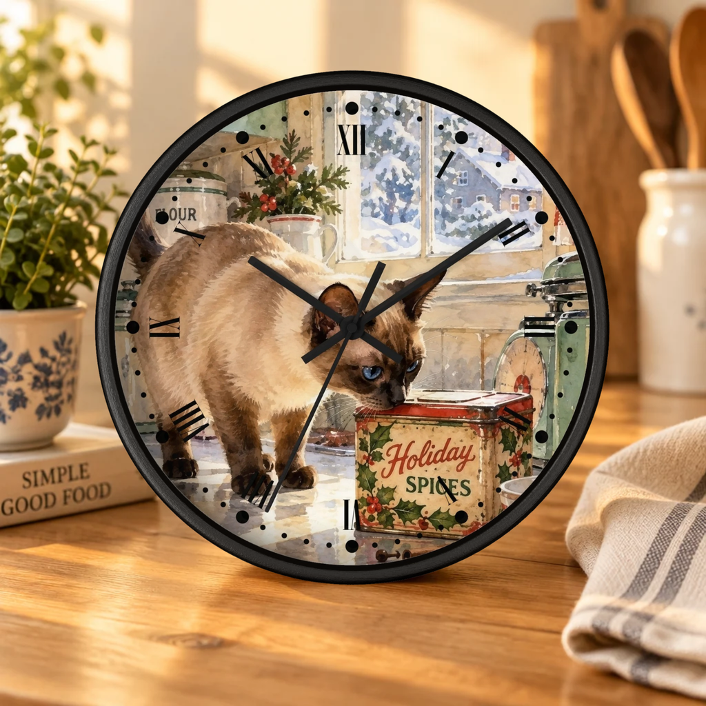 Retro Holiday Spice Siamese Cat Wood Wall Clock - Cat Lover Kitchen Decor