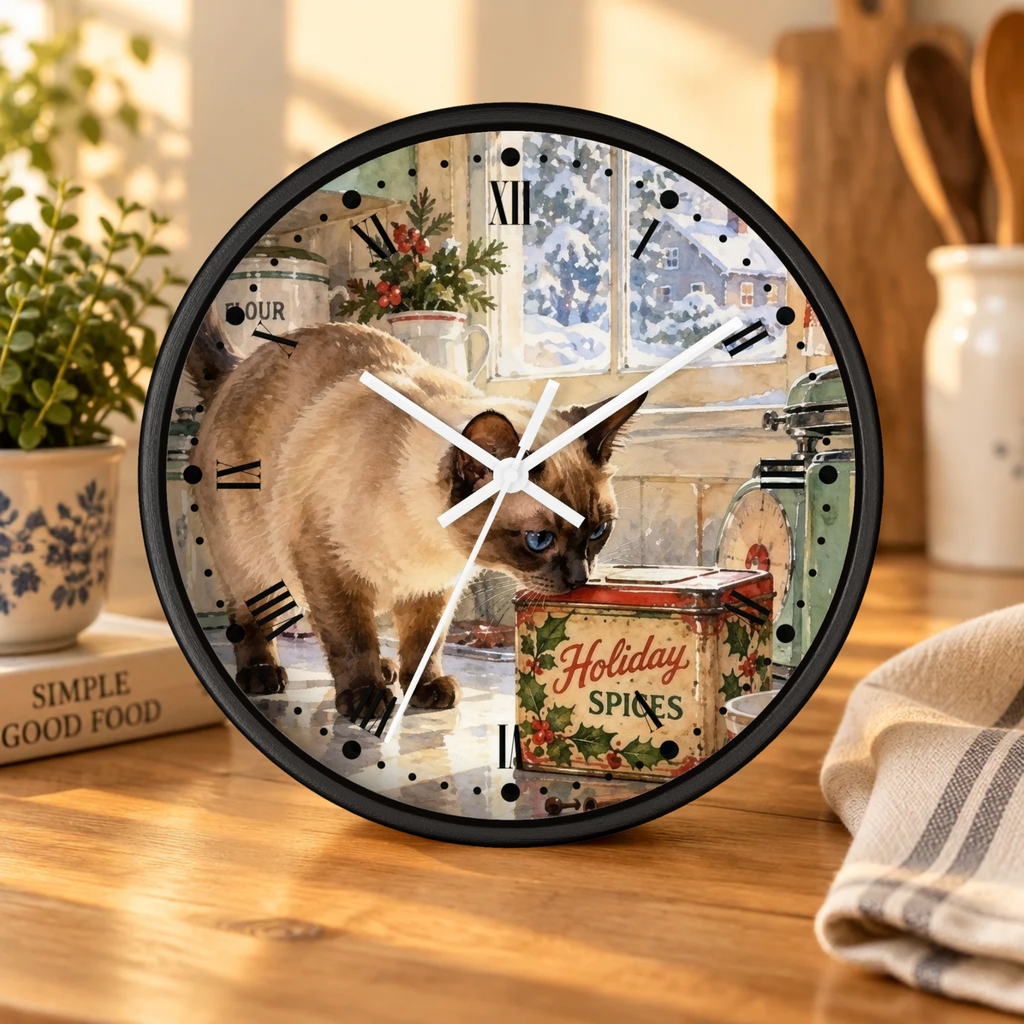 Retro Holiday Spice Siamese Cat Wood Wall Clock - Cat Lover Kitchen Decor