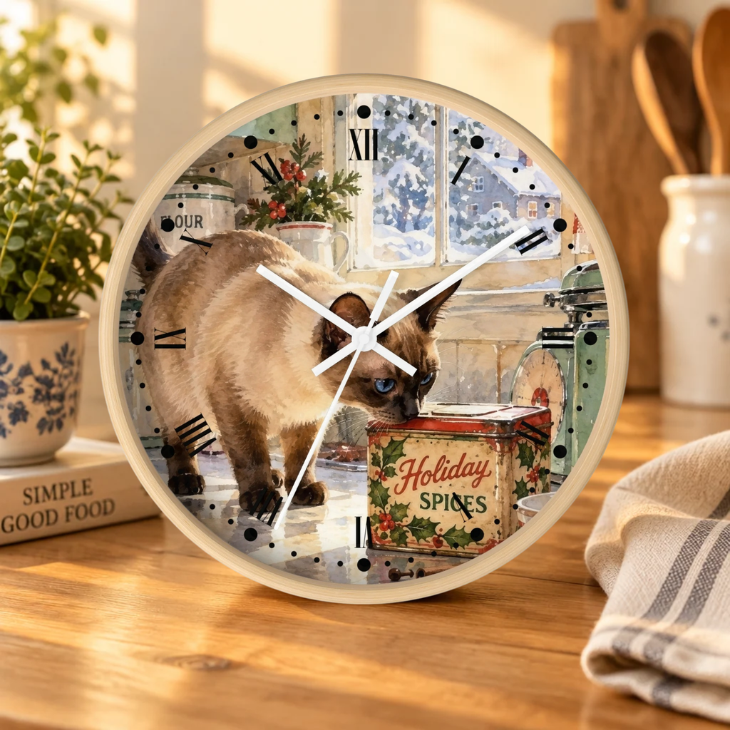 Retro Holiday Spice Siamese Cat Wood Wall Clock - Cat Lover Kitchen Decor