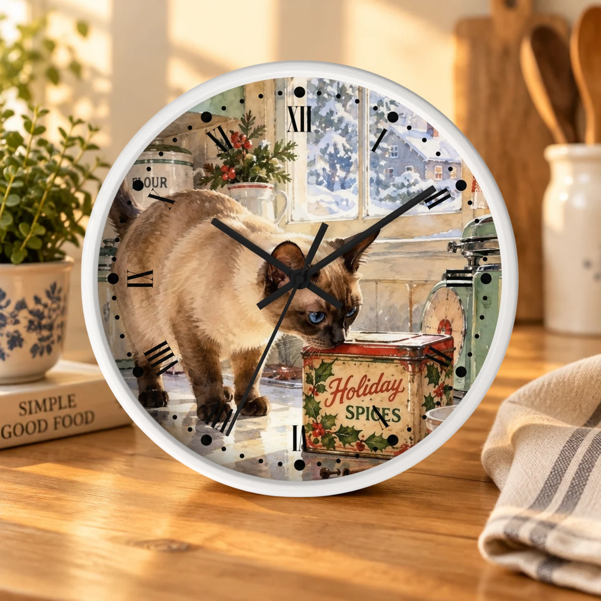 Retro Holiday Spice Siamese Cat Wood Wall Clock - Cat Lover Kitchen Decor
