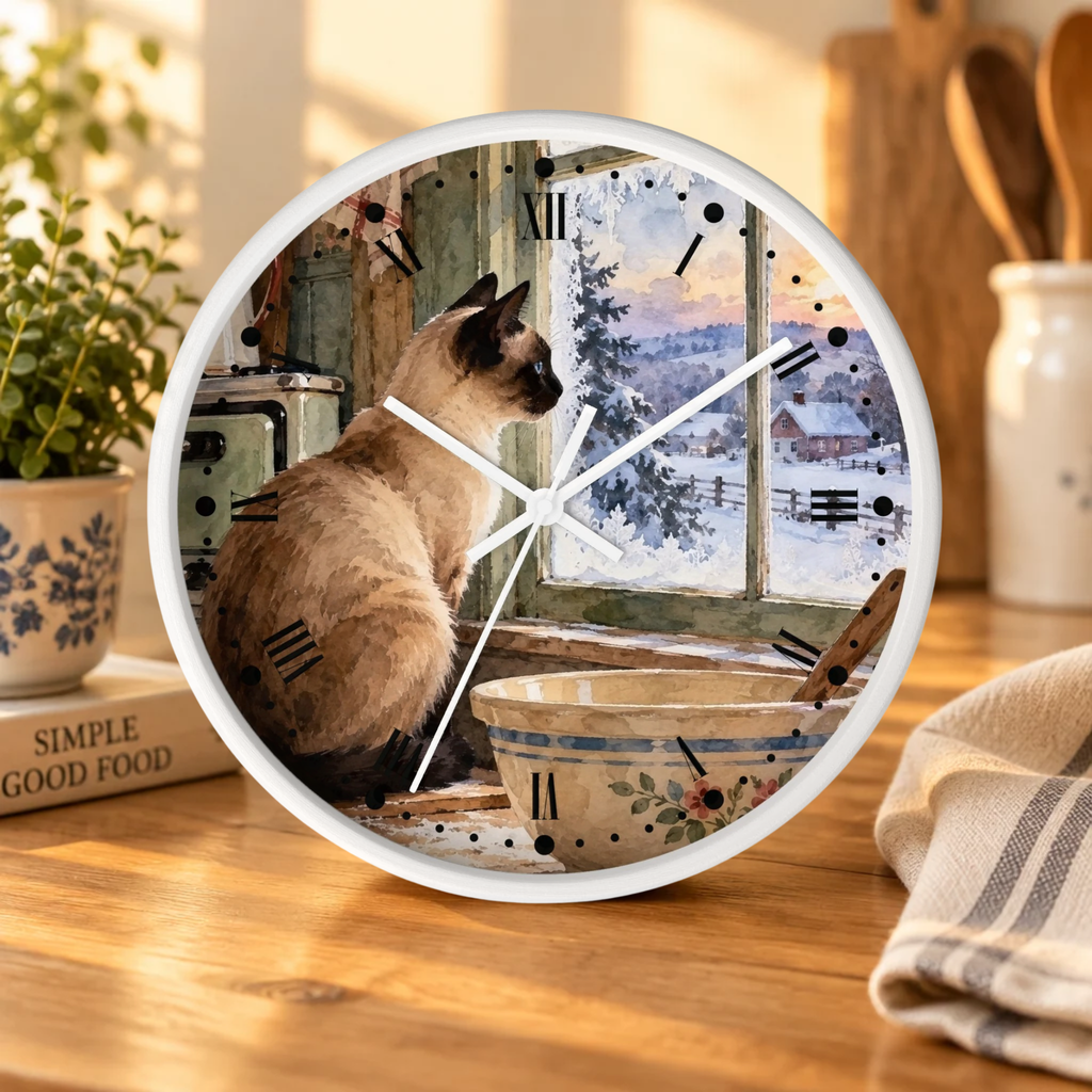 Retro Holiday Spice Siamese Cat Wood Wall Clock - Cat Lover Kitchen Decor