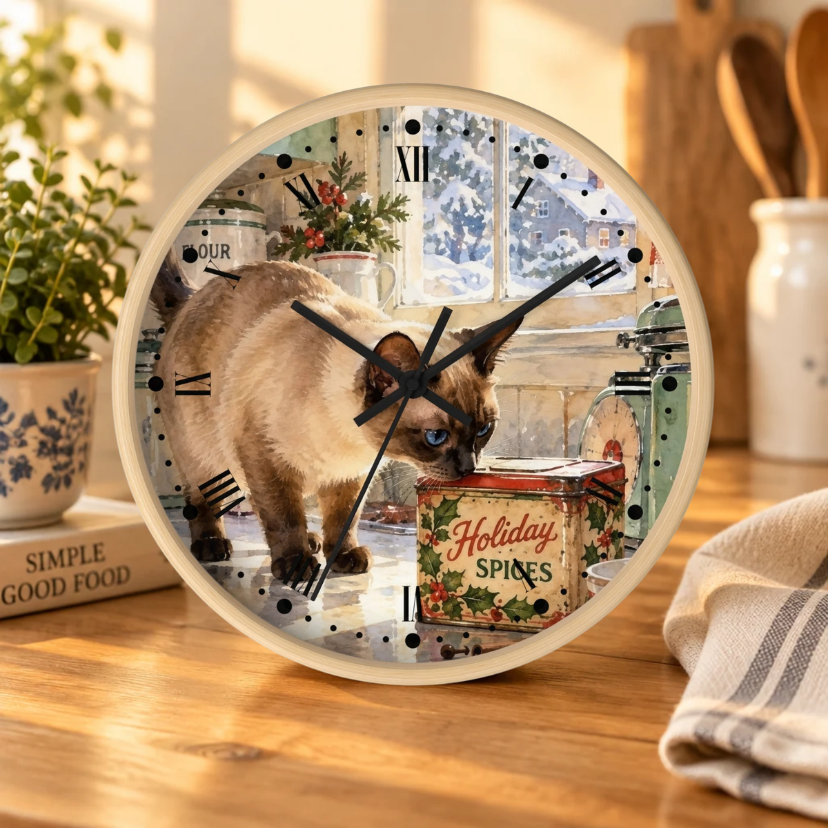 Retro Holiday Spice Siamese Cat Wood Wall Clock - Cat Lover Kitchen Decor