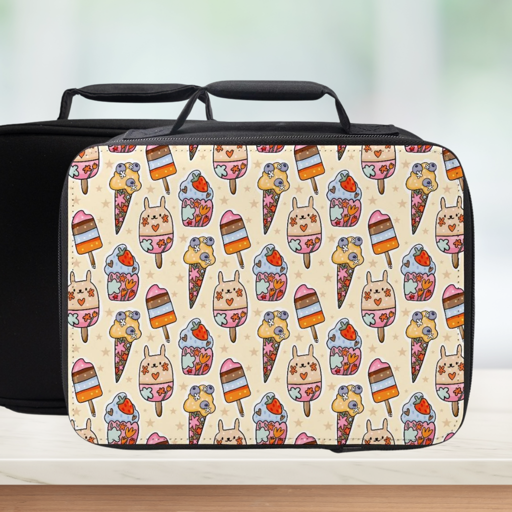 Insulated lunch bag with a colorful ice cream pattern on a beige background