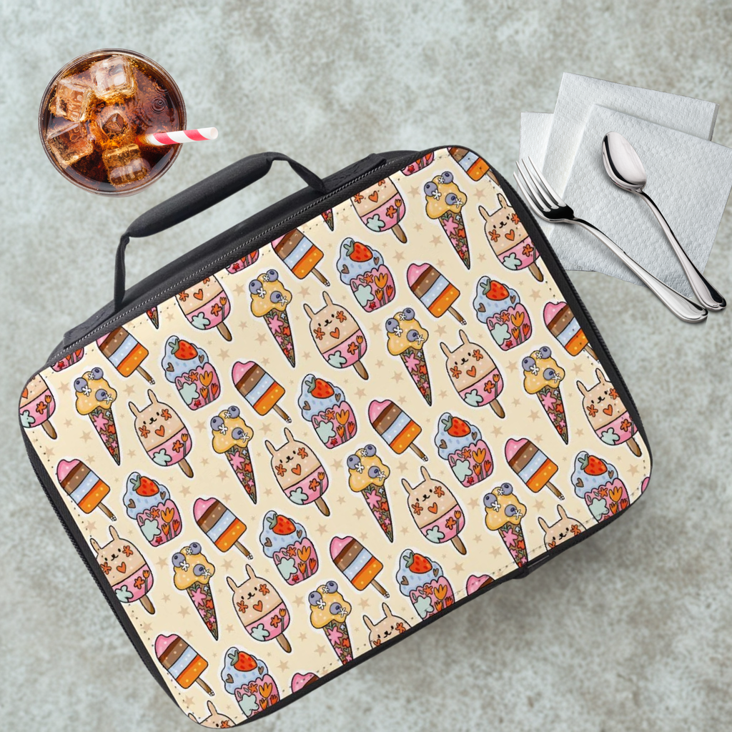 Lunch bag with ice cream pattern on a cafeteria table with a drink and utensils.