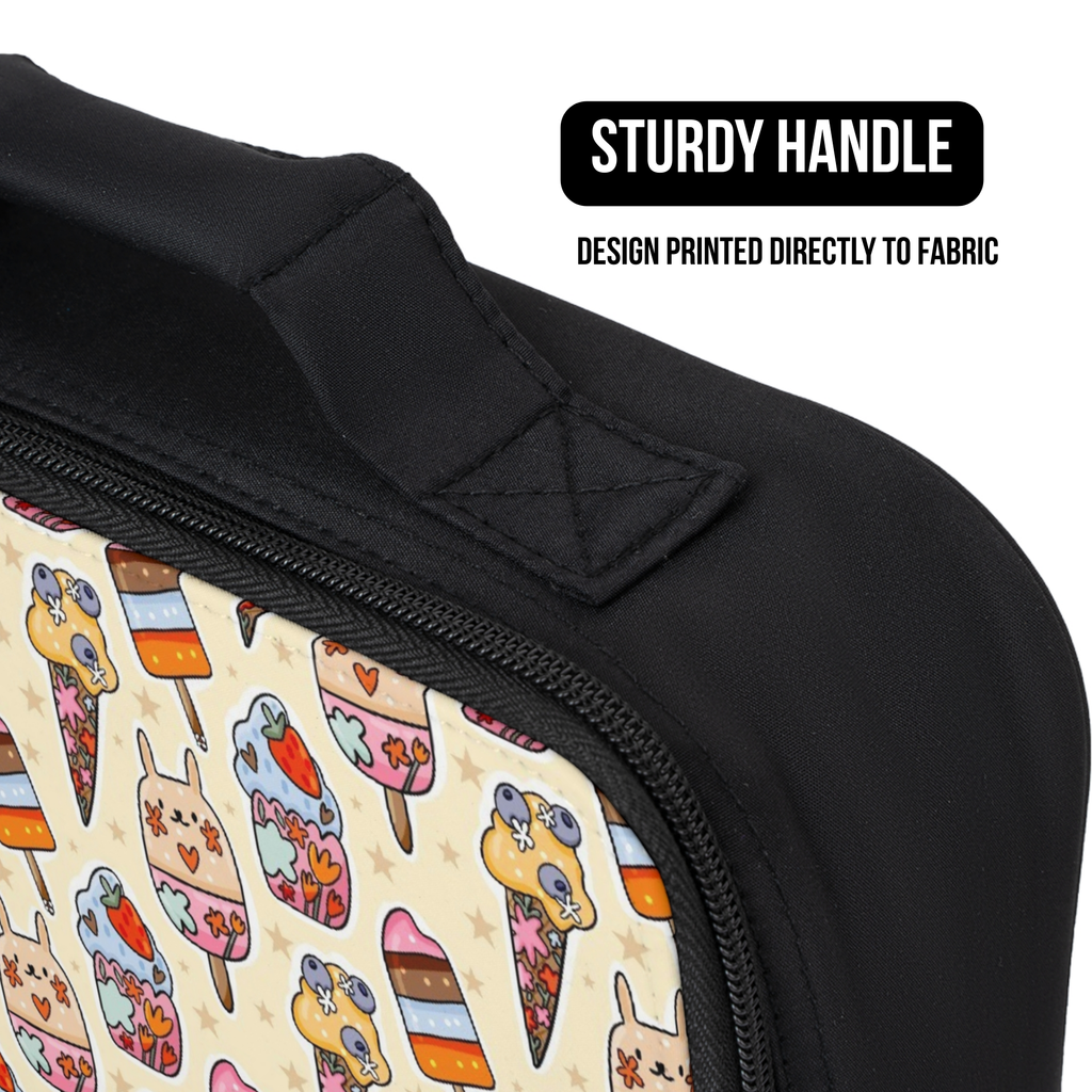 Black lunch bag with ice cream cone design and 'Sturdy Handle' text on a white background