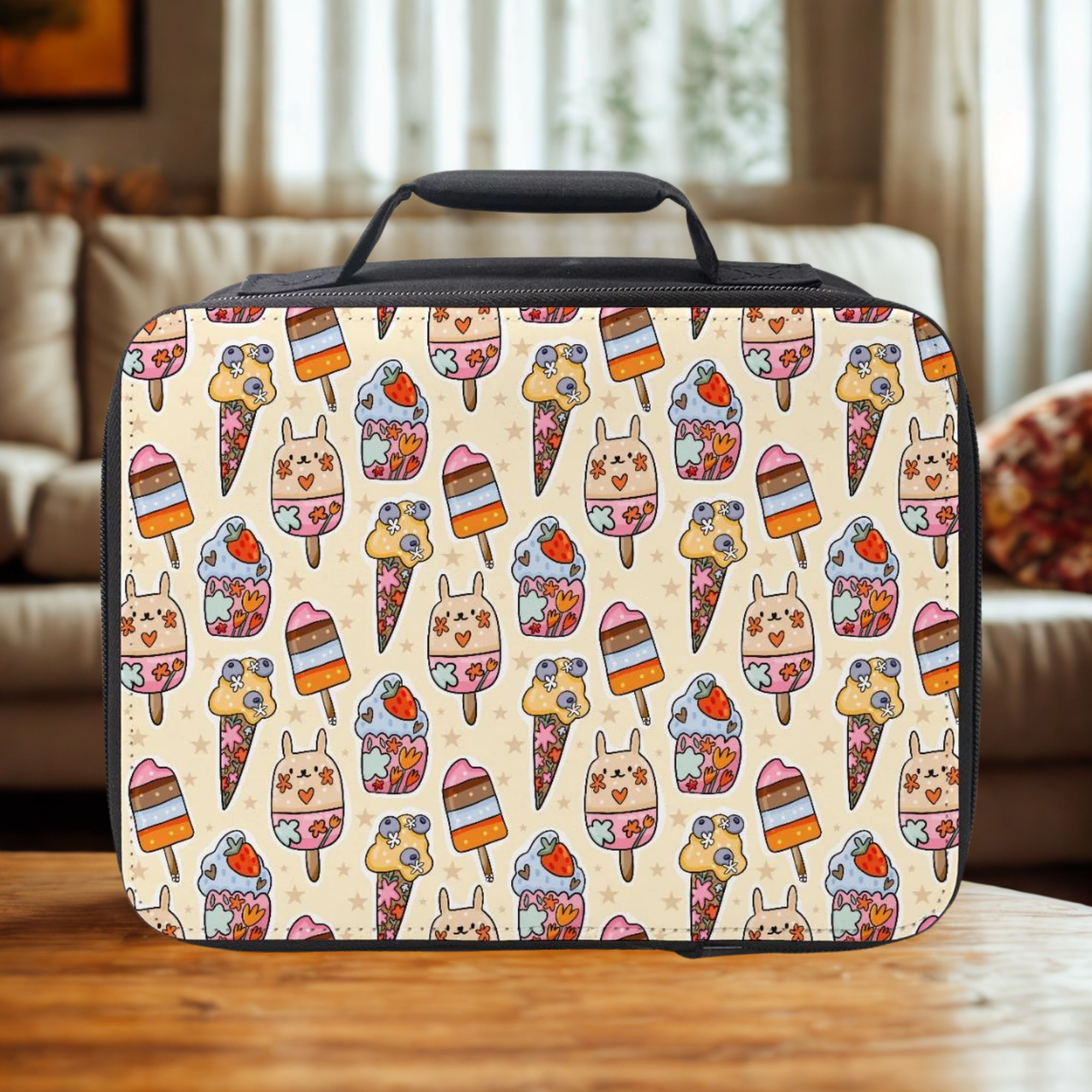 lunch bag with ice cream pattern on a wooden coffee table in a cozy living room.