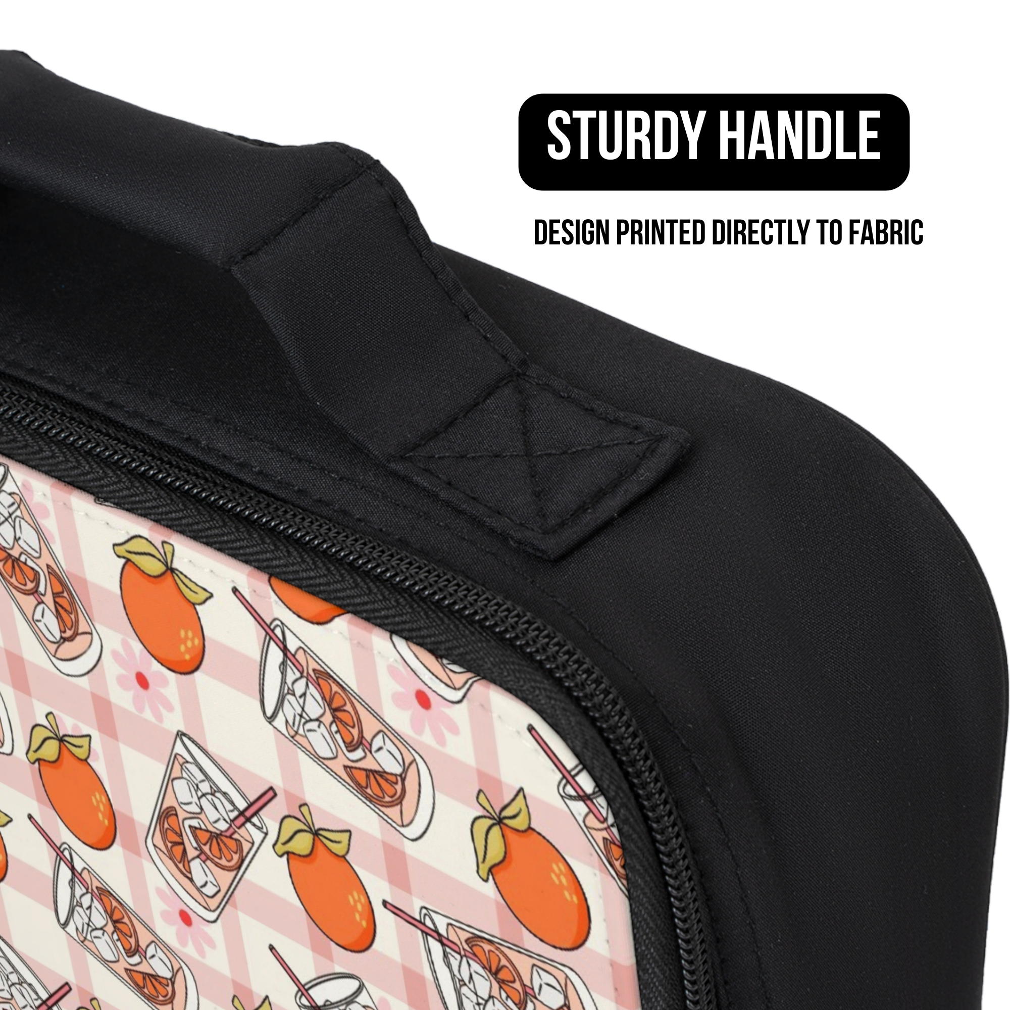 Black lunch bag with an orange fruit patterned design on a white background, featuring text about a sturdy handle and printed design.