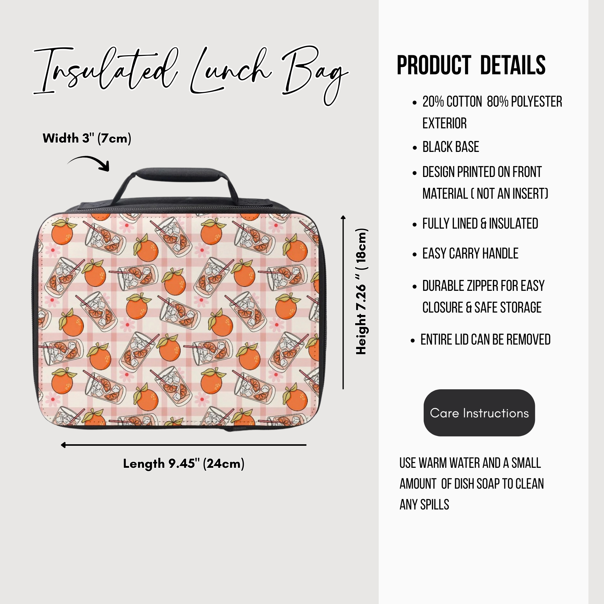 Insulated lunch bag with patterned design on a white background, featuring product details and care instructions.