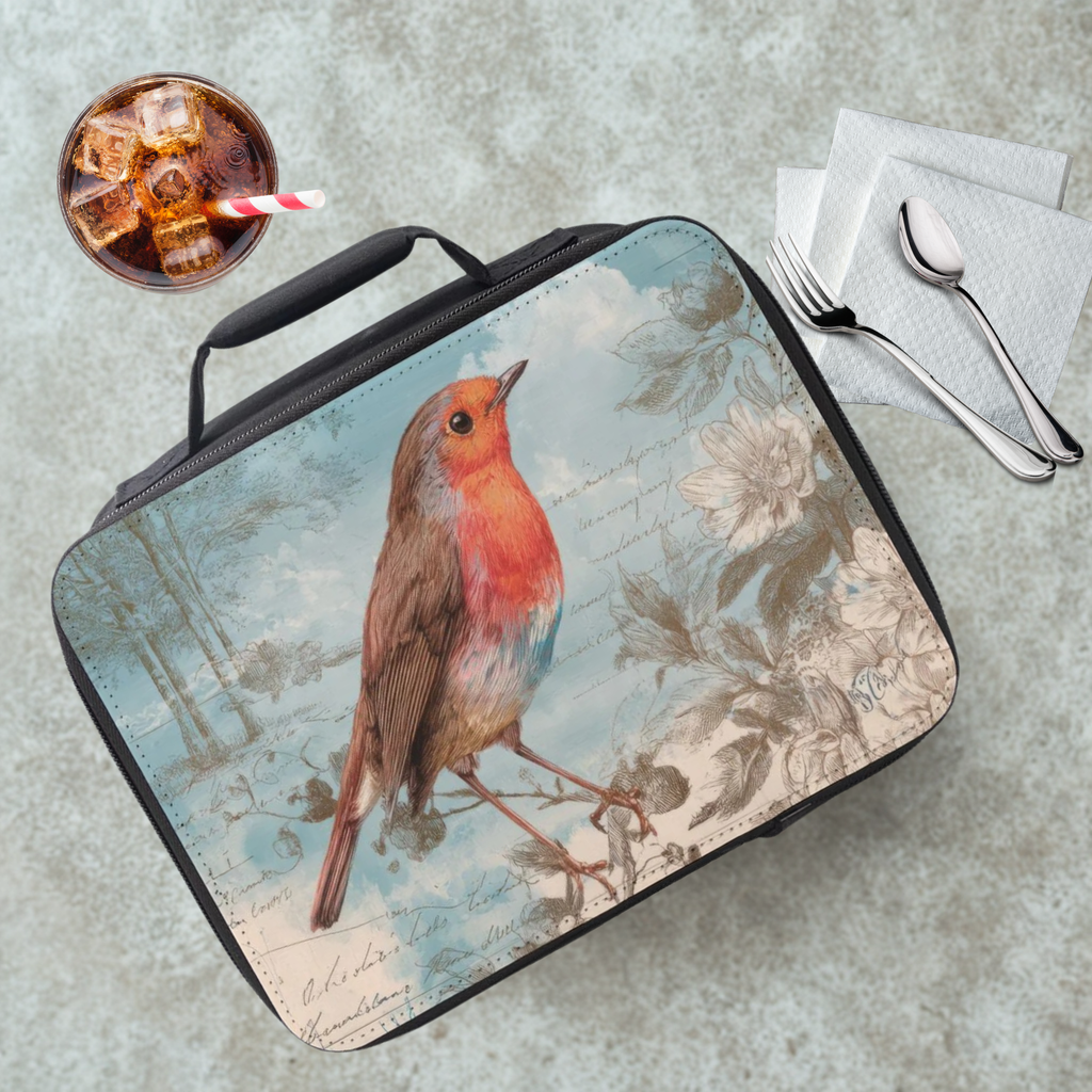 Lunch bag with a robin design on a table with a drink and cutlery.