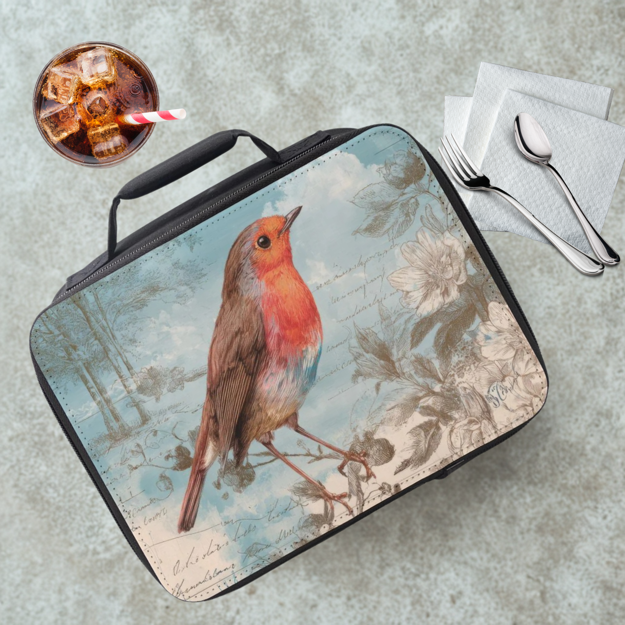 Lunch bag with a robin design on a table with a drink and cutlery.