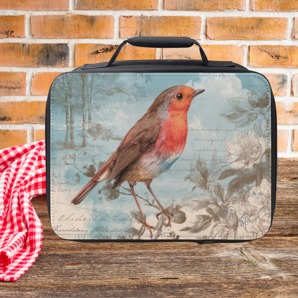  insulated lunch bag with a robin design on a wooden surface and brick wall background