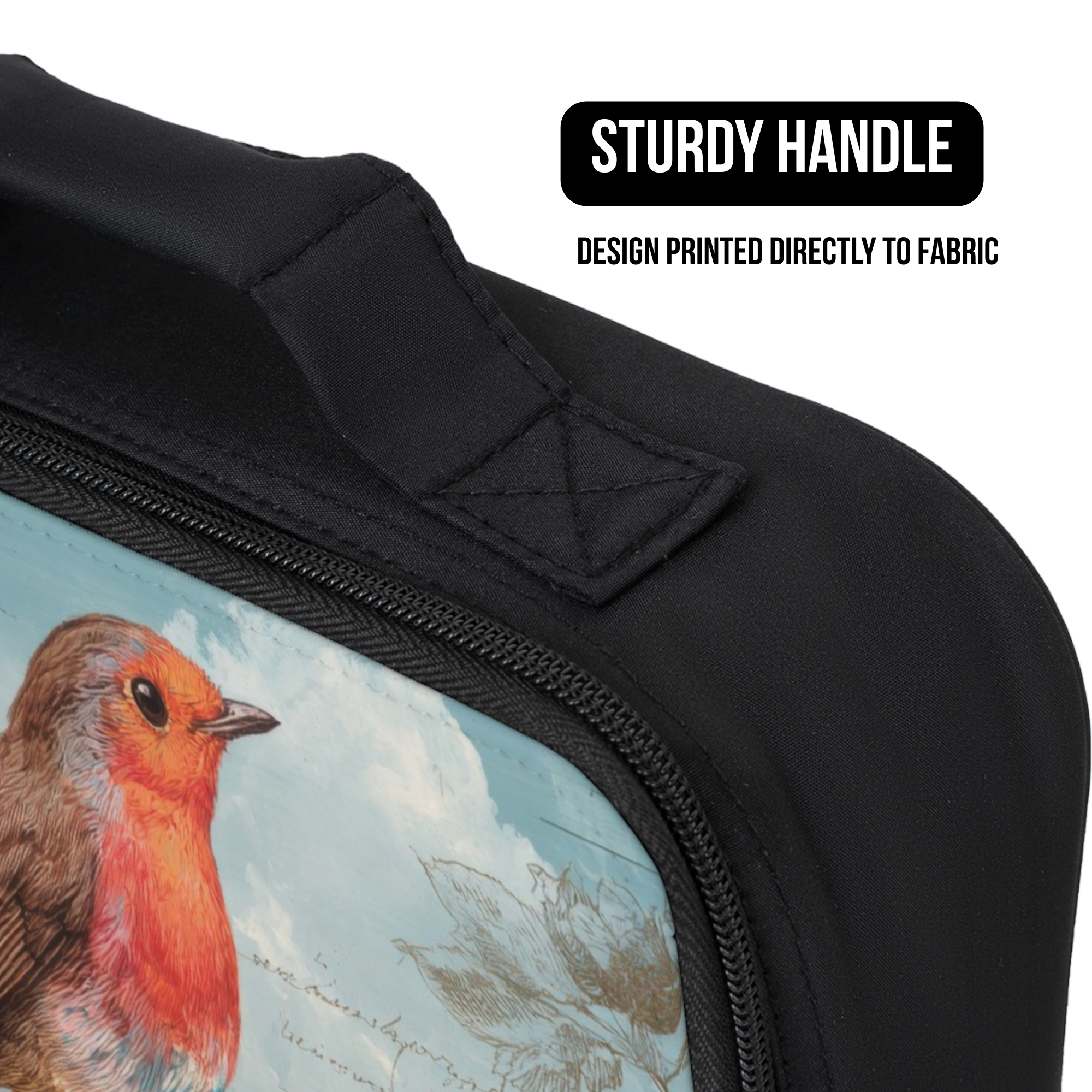 Black lunch bag with a bird design and sturdy handle feature