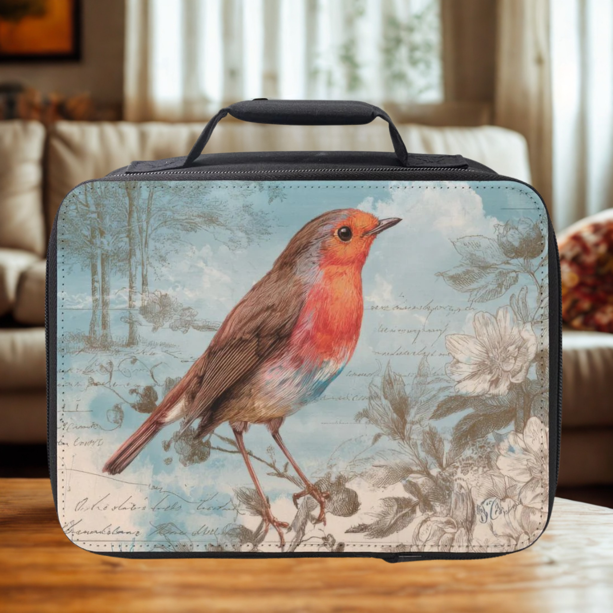  insulated lunch bag with a robin design on a wooden coffee table in a cozy living room