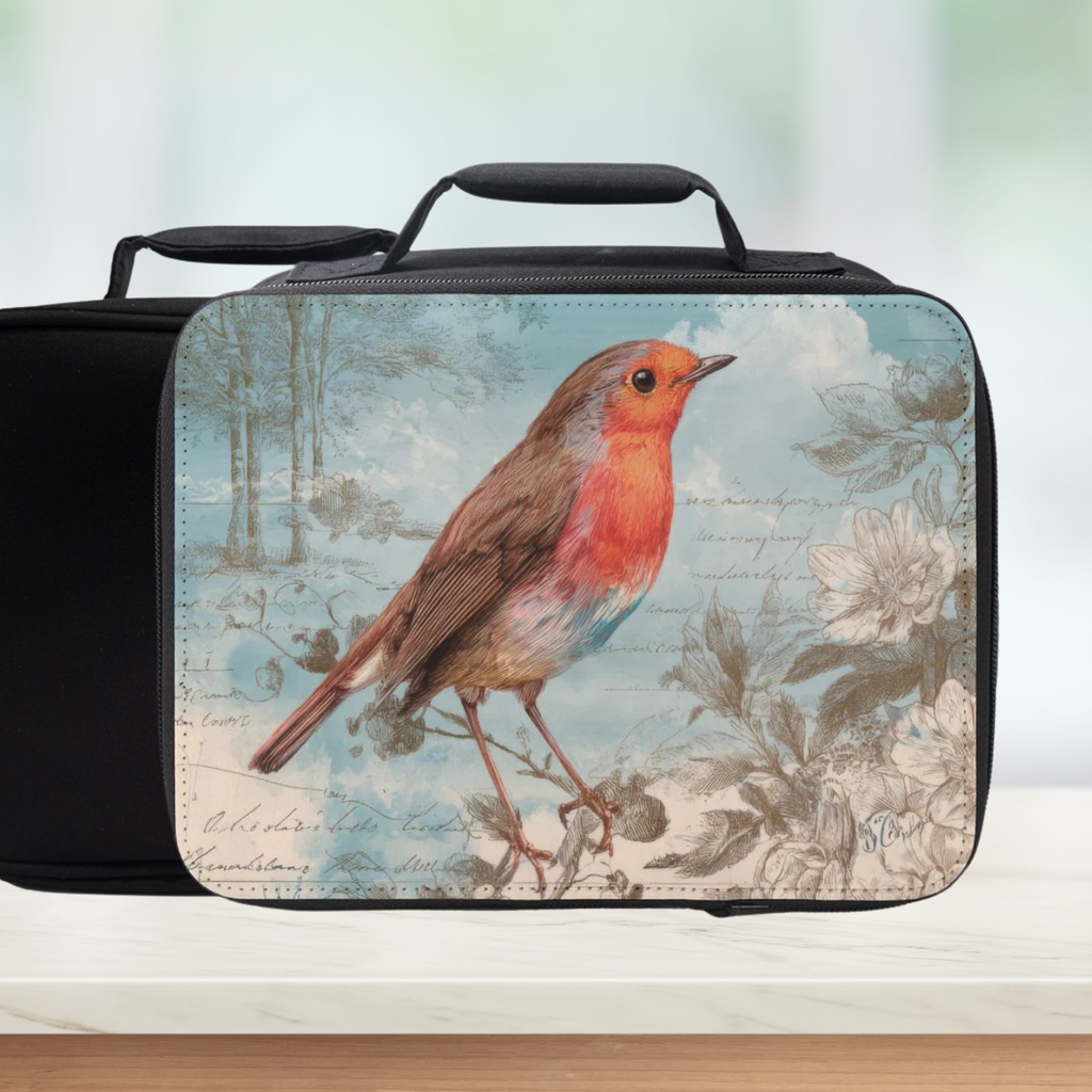 Black lunch box with a robin design on a floral background