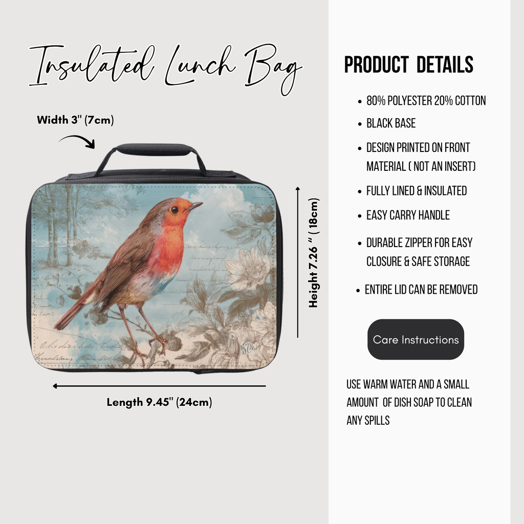 Insulated lunch bag with bird design and product details on a white background