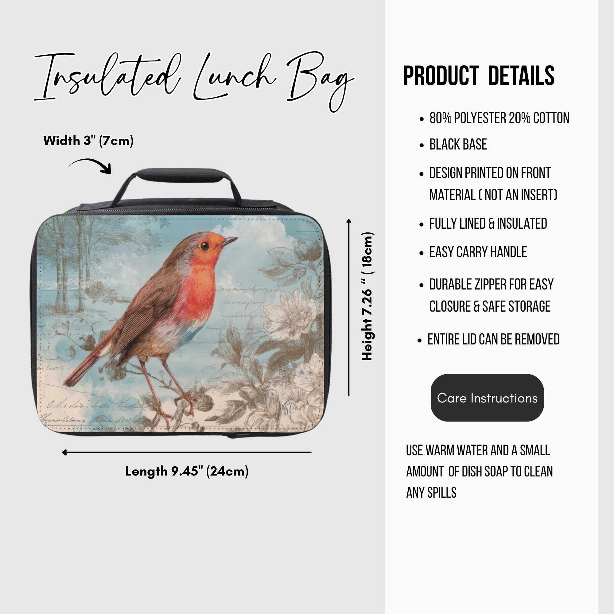 Insulated lunch bag with bird design and product details on a white background