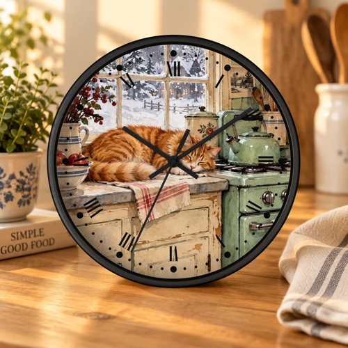 Round wall clock with a black frame and a printed winter kitchen scene featuring an orange tabby cat sleeping on a counter, displayed on a wooden table in a cozy room setting.