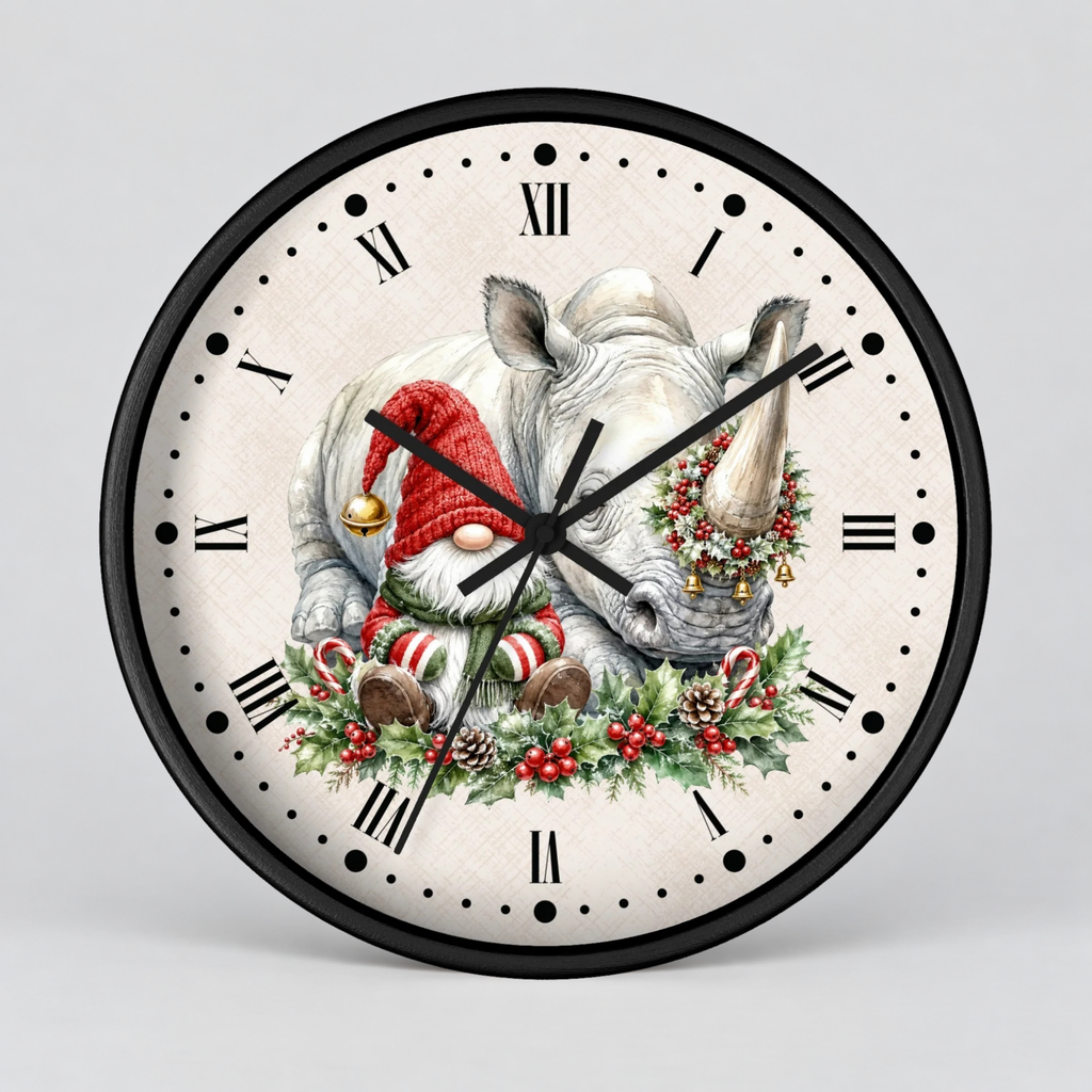 A round wall clock with a black frame and a cream-colored face featuring a festive illustration of a white rhinoceros and gnome wearing a red Santa hat and holiday garland, with black Roman numerals and hands on a light gray background.