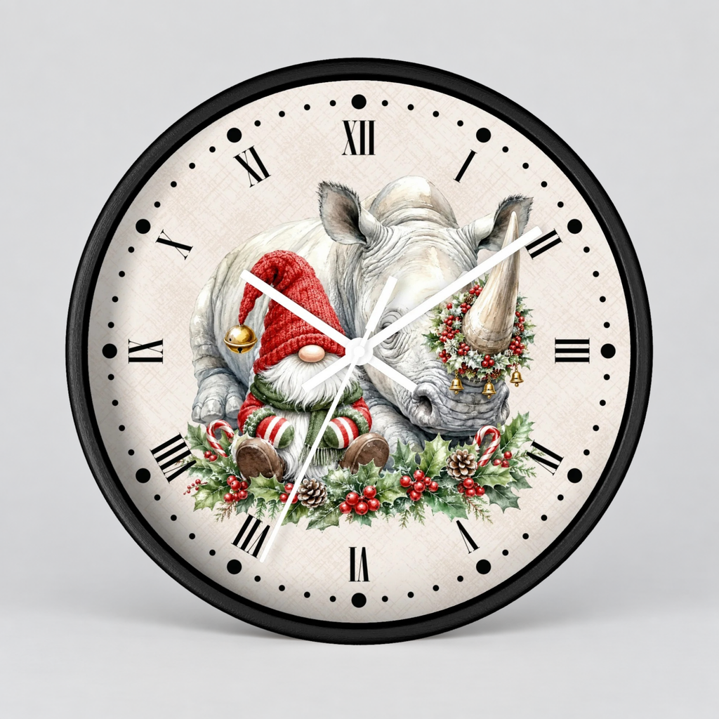A round wall clock with a black frame and a cream-colored face featuring a festive illustration of a white rhinoceros with a gnome wearing a red Santa hat and holiday garland, with black Roman numerals and white clock hands.
