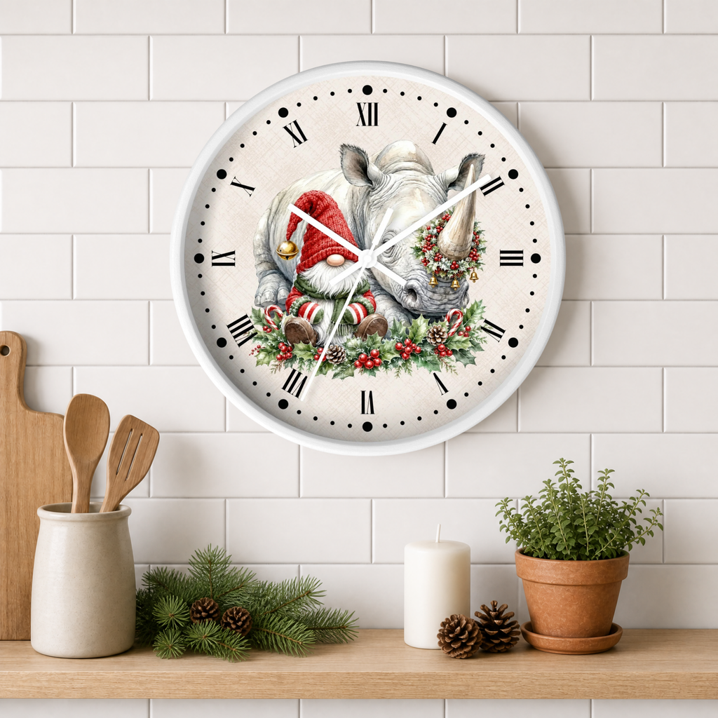 A round wall clock with a white frame hangs on a white subway-tile wall above a wooden shelf. The clock face features a festive illustration of a rhinoceros and gnome wearing a red Santa hat and a green wreath, with black Roman numerals and white hands.