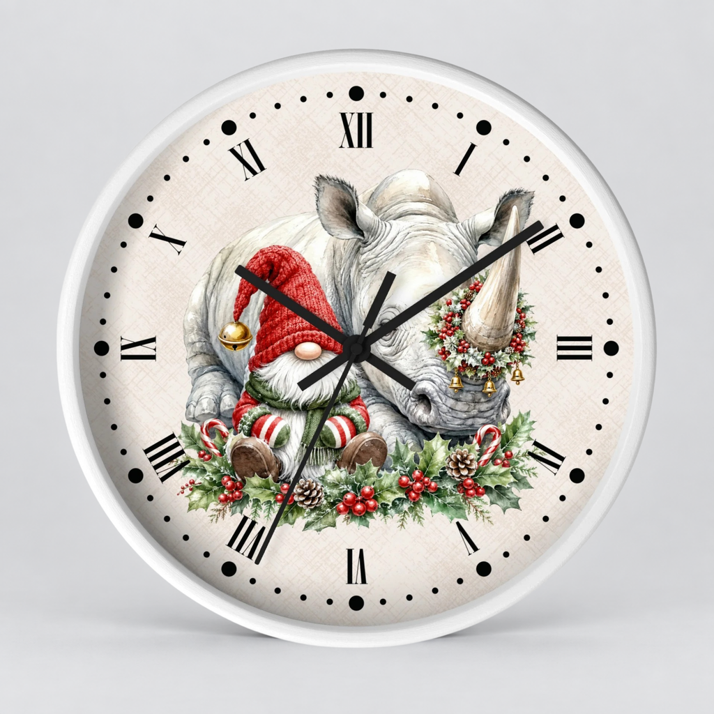 Round wall clock with a white frame and Roman numerals, featuring a festive illustration of a rhinoceros wearing a red Santa hat and green holiday wreath on a light beige background.