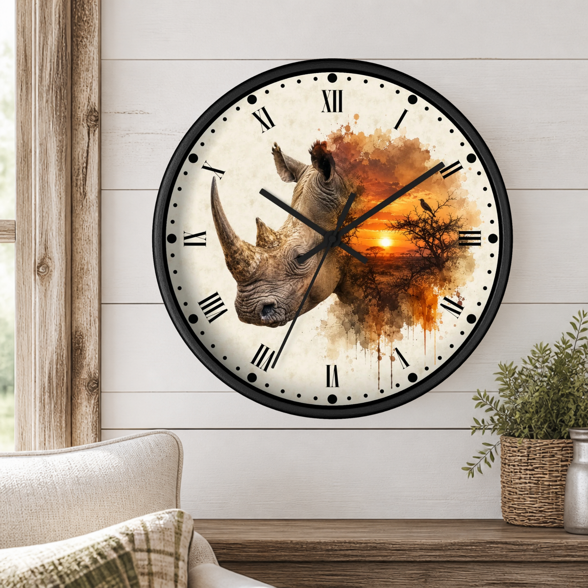 A round wall clock with a black frame and a printed rhinoceros illustration over an orange sunset landscape. The clock is mounted on a white wood-paneled wall above a wooden table with a potted plant, and part of a beige sofa is visible at the lower left.