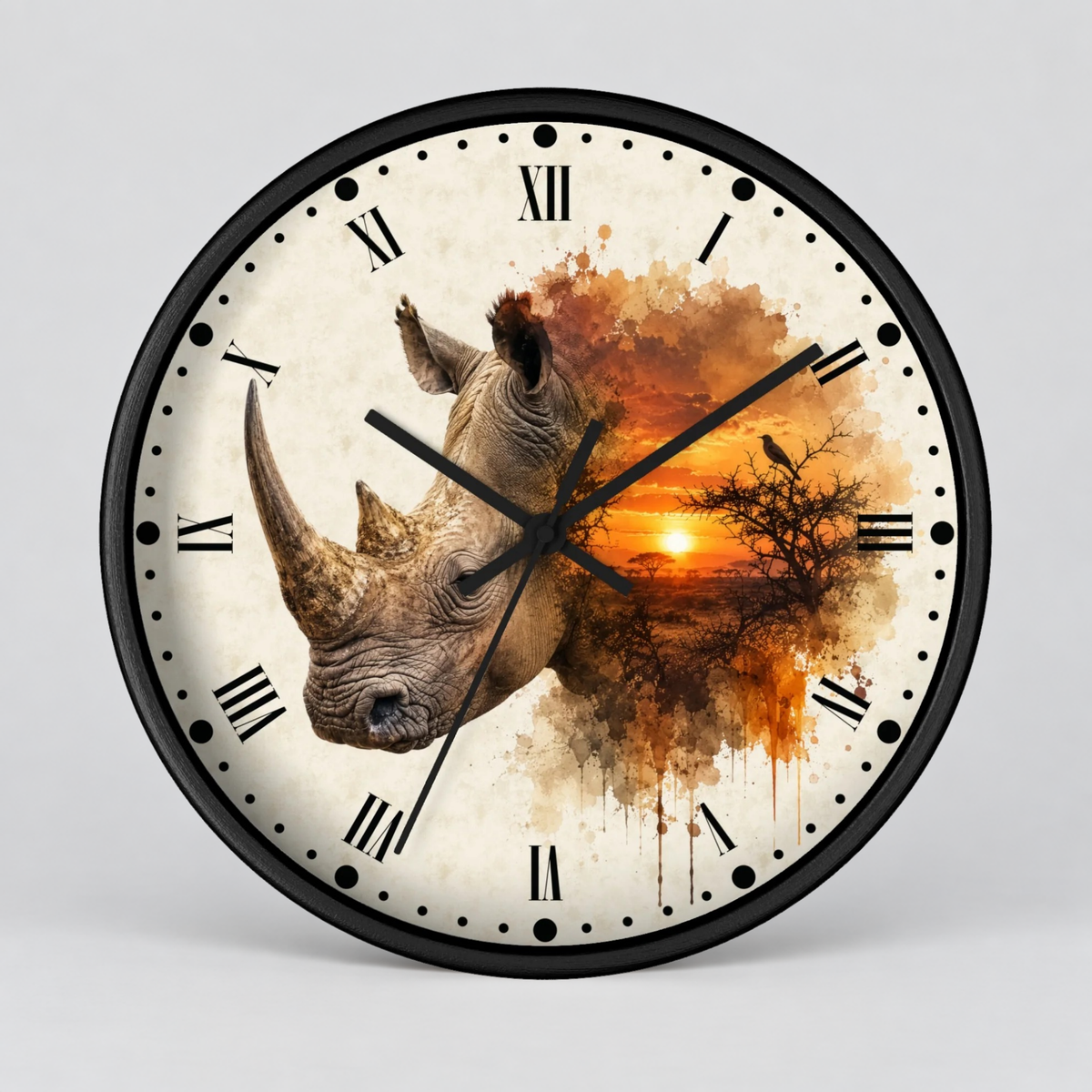 A round wall clock with a black frame and Roman numerals, featuring a watercolor-style rhinoceros illustration merging into an orange sunset landscape on the clock face, shown against a light gray background.