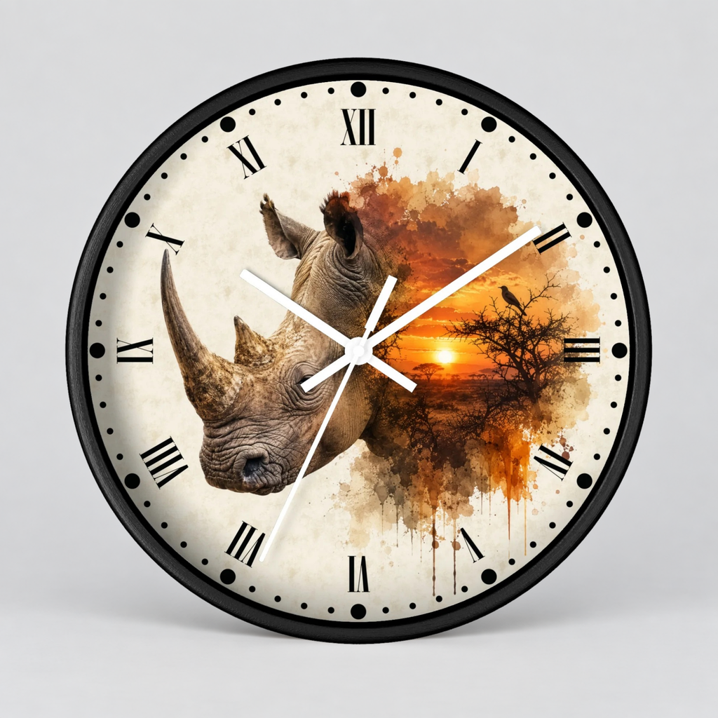 A round wall clock with a black frame and a cream-colored face featuring a rhinoceros illustration blending into an orange sunset landscape. The clock has black Roman numerals and white hands, shown against a light gray background.